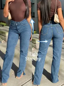 Light Blue High-Waisted Elastic Wide-Leg Jeans, Side Split Washed Design, Women's Commuter Slimming Floor-Length Pants