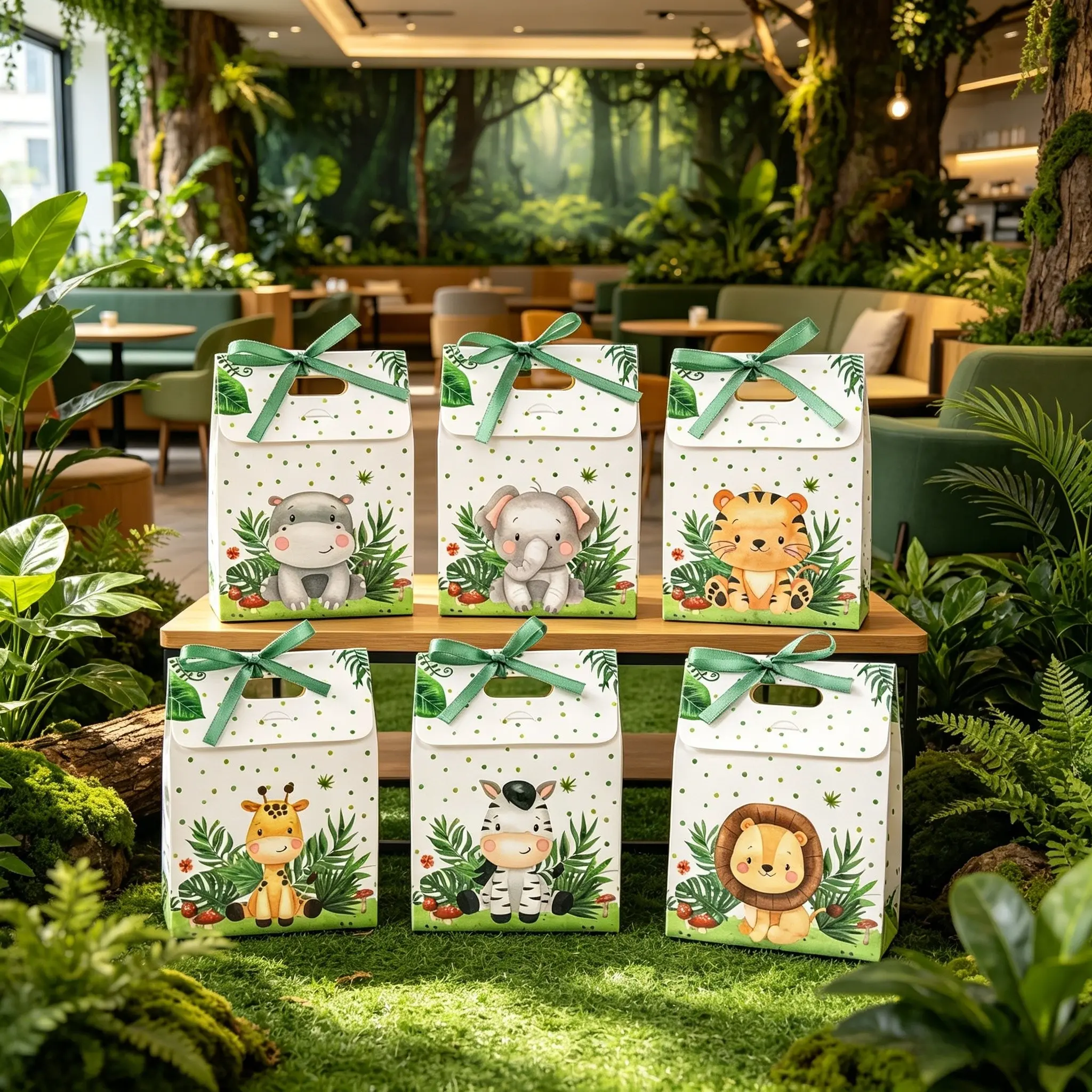 6Pcs Watercolor Jungle Animal Gift Boxes Tiger/Lion/Giraffe Print with Ribbon Handle, Candy & Snack Containers for Safari Baby Shower, Birthday Party Favors, Woodland Theme Decor