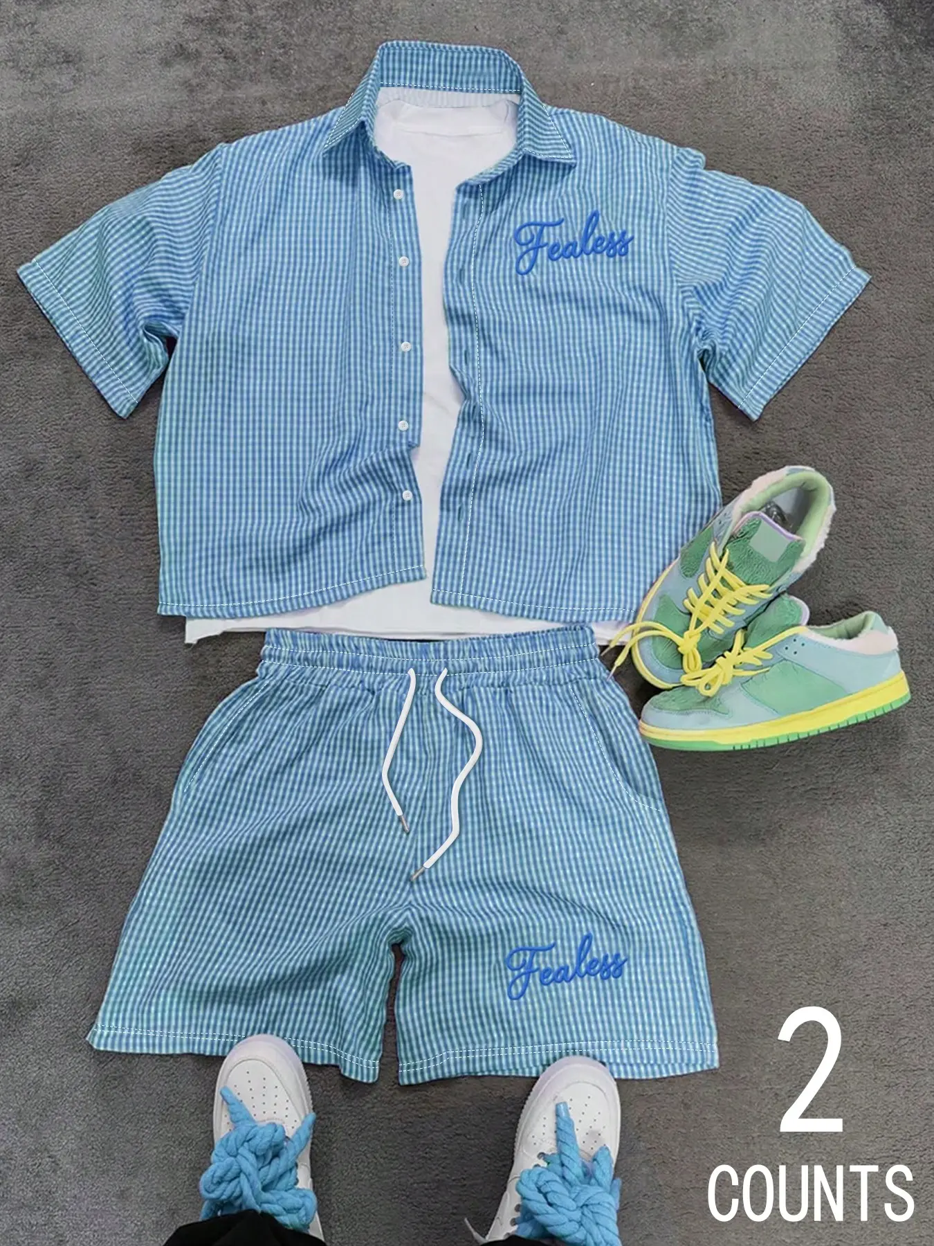 2-Piece Men's Summer Casual Clothes Outfit Set, Gingham Short Sleeve Shirt And Matching Shorts With Letter Embroidery, Suitable For Daily Wear, Vacations And Casual Gatherings, Menswear