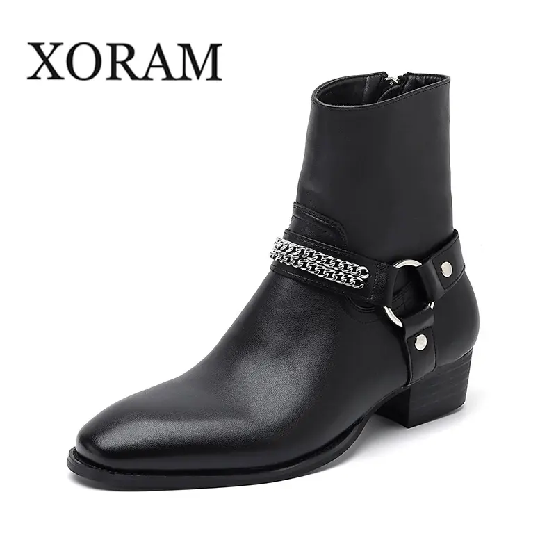 XORAM Men's Unique Ring Chain Buckle Chelsea Leather Ankle Boots, Trendy Footwear for Spring Summer Street Fashion Daily Walking66649-R