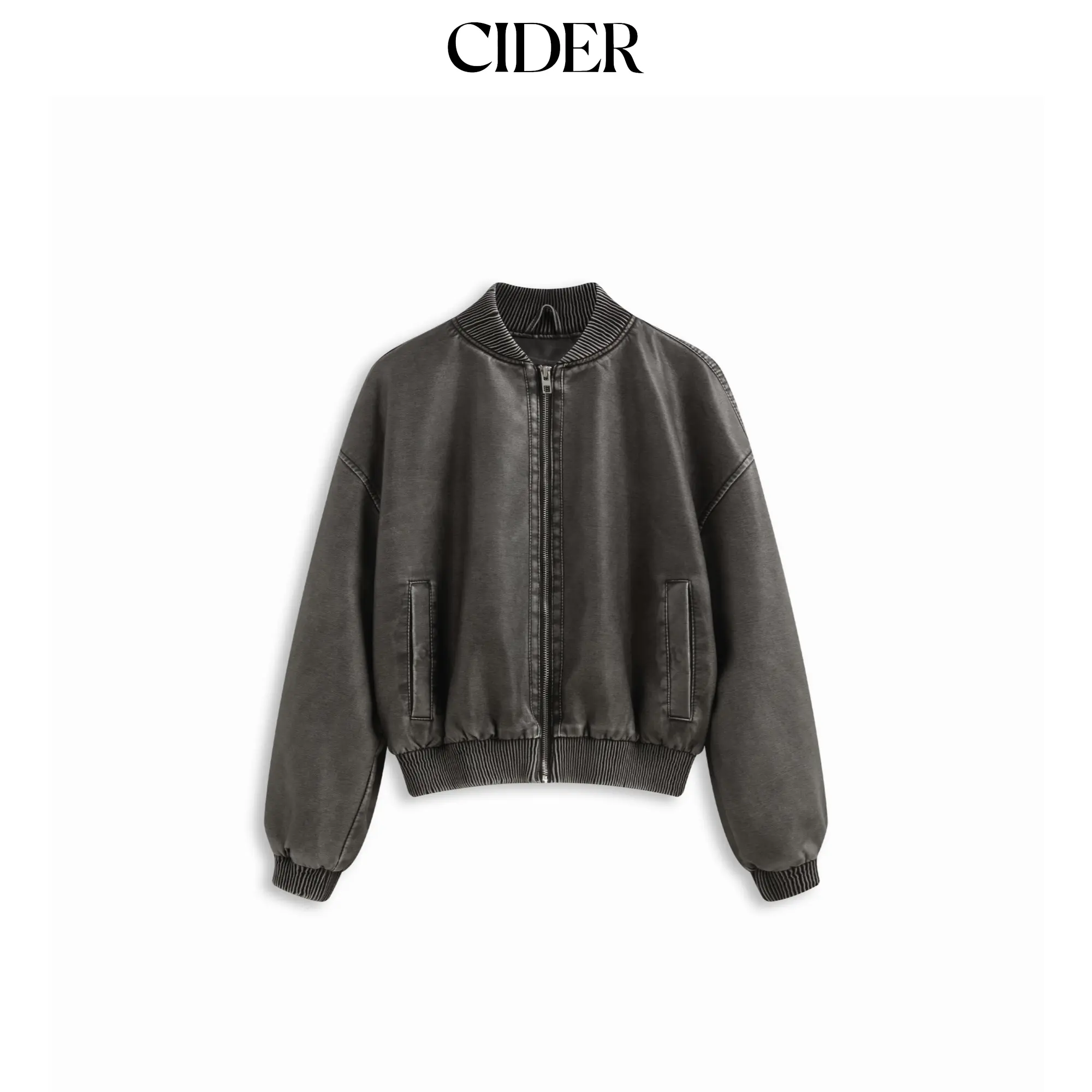 Cider Faux Leather Stand Collar Zip Through Bomber Jacket SummerFinds