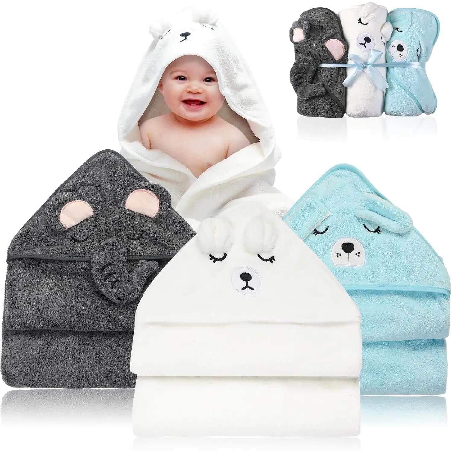 3 Pack Baby Towels Hooded - Ultra Soft Baby Bath Towels, Newborn Baby Essentials, Premium Absorbentand Hypoallergenic Towels  Toddler Baby Boy and Girl (White, Blue, Gray)