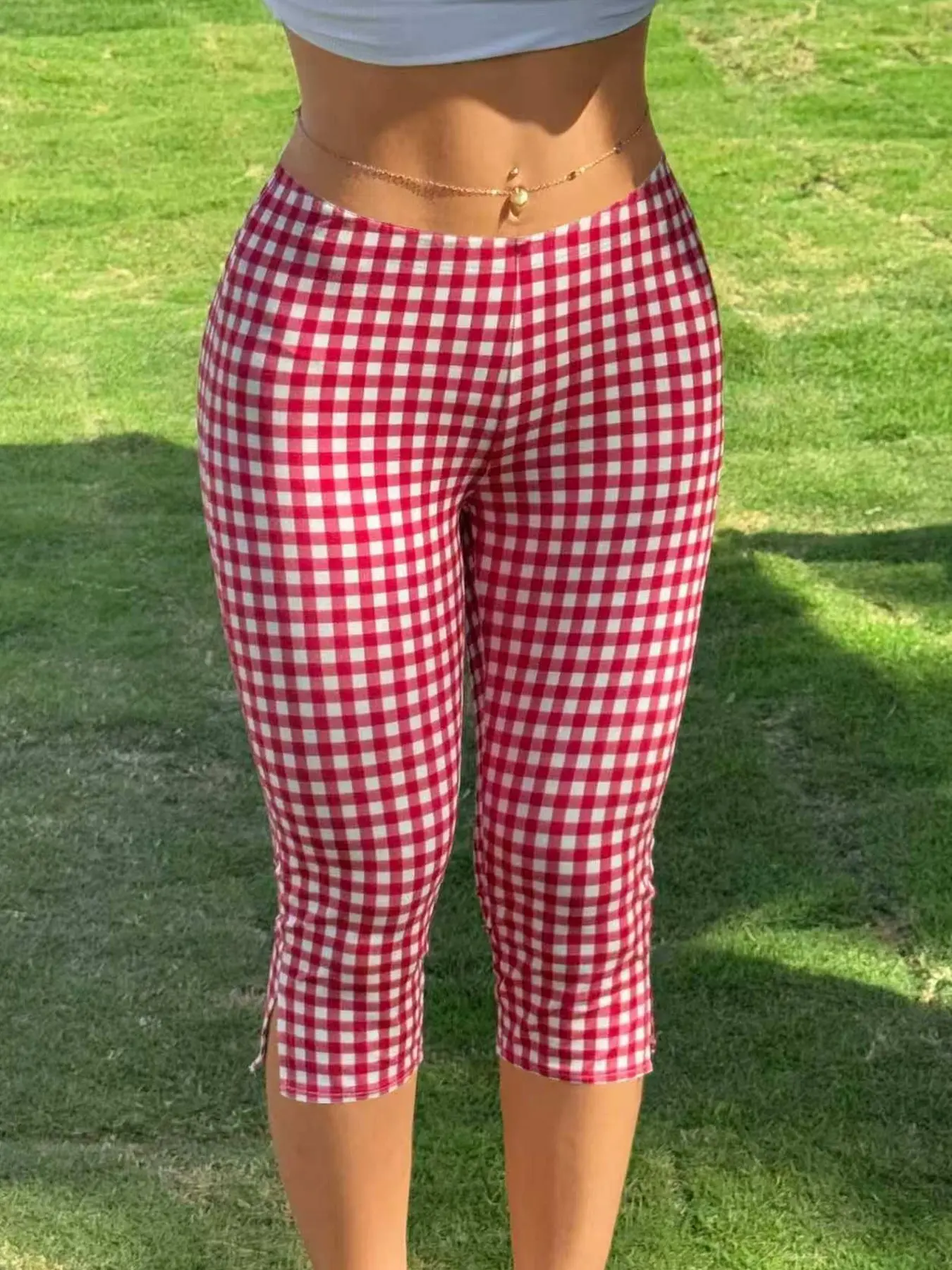 Women's Summer Skinny Capri Pants, Plaid Split Low Waist Elastic Waist Slim Leg Seven-Eighths Pants, Street Style All Seasons, Casual Fashion Bottoms