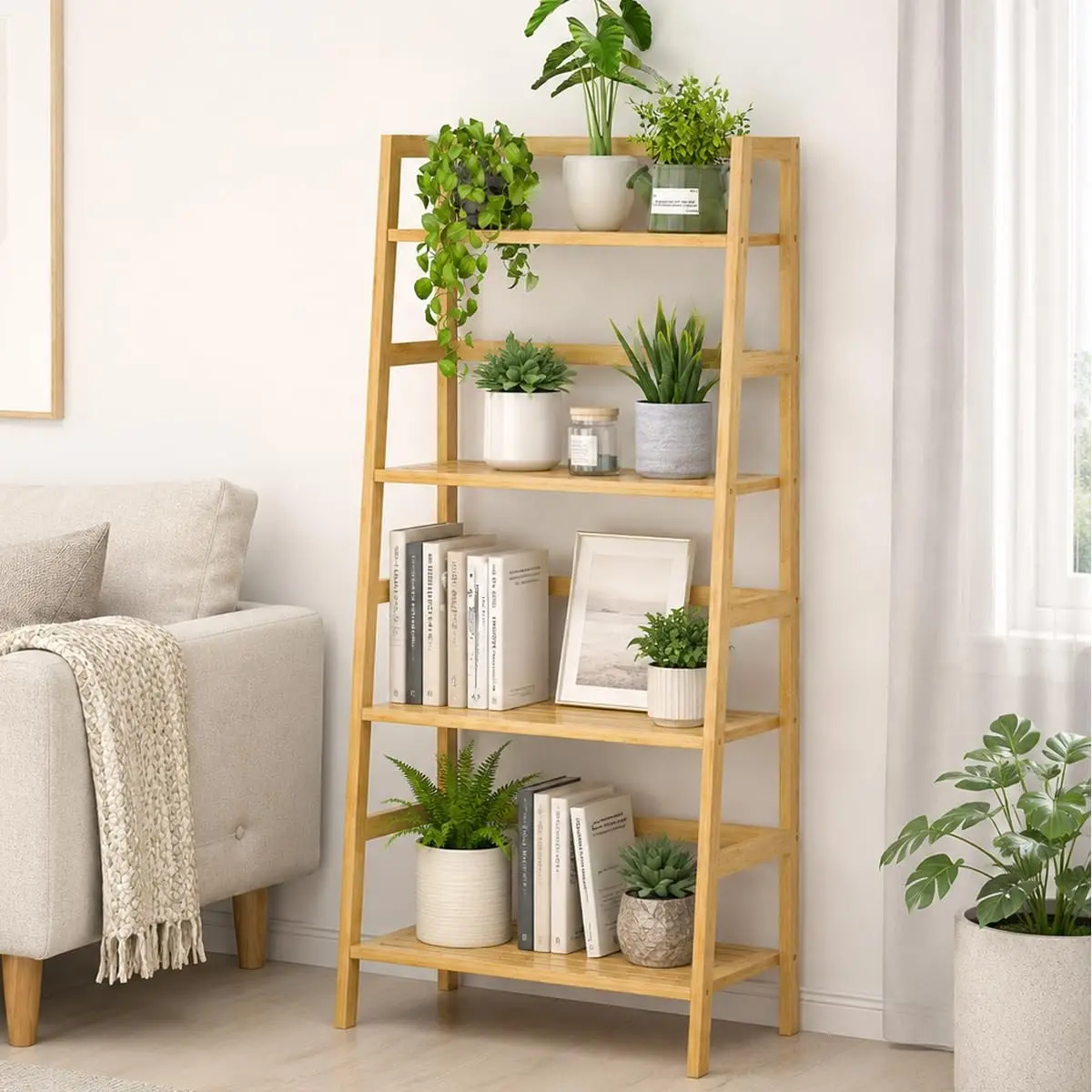 Bamboo Ladder Shelf, 4-Tier Wooden Ladder Bookshelf & Bookcase Organizer | 49.2” Freestanding Open Display Storage Shelves, Wood Plant Stand Rack for Small Space, Bathroom, Living Room, Bedroom