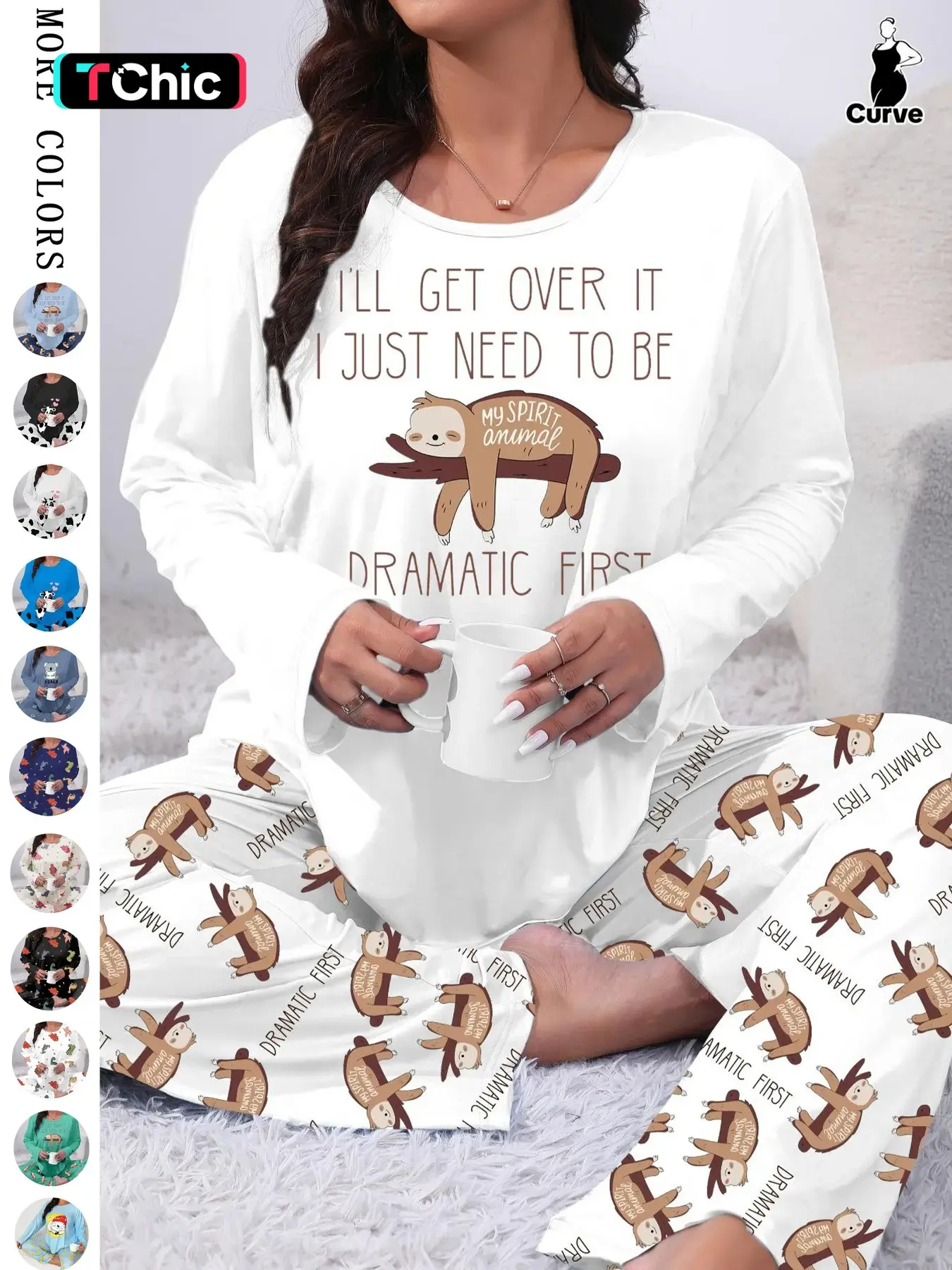 [Plus Size] Two-Piece Set Cartoon Animals Print Tee & Elastic Waist Pants Pyjama Set, Round Neck Long Sleeve T-shirt & Trousers Set, Women's Sleepwear for Spring & Fall, Casual Loungewear Sets, Homewear Pajamas Set, Fitted Sleepwear