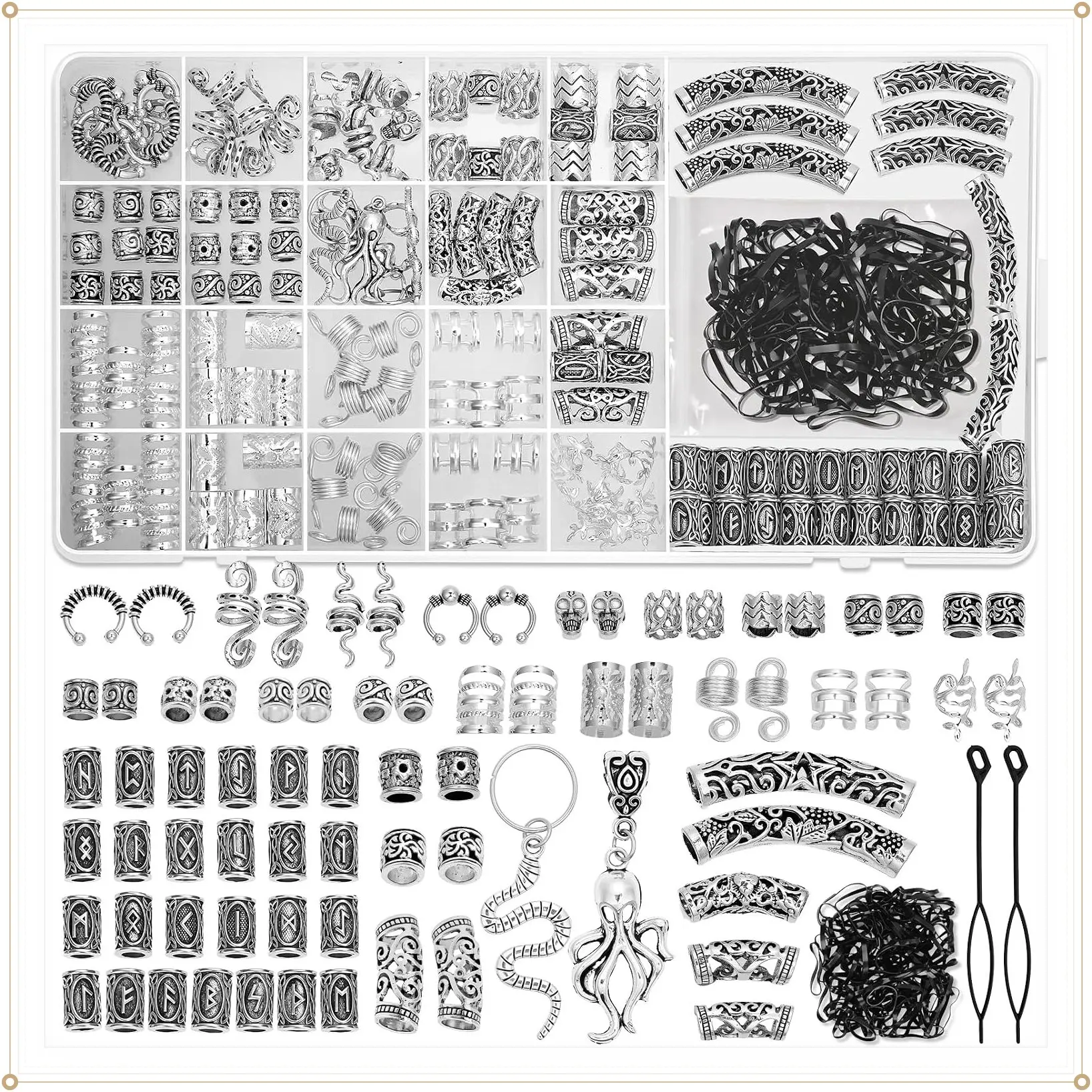 247Pcs Viking Norse Runes Hair Accessories Set - Tube Beads, Metal Cuffs, Clips, Rings, Dreadlock Beads for Braids Locs, Beard Jewelry, Bracelets, Necklaces, DIY Silver for Women MenGift