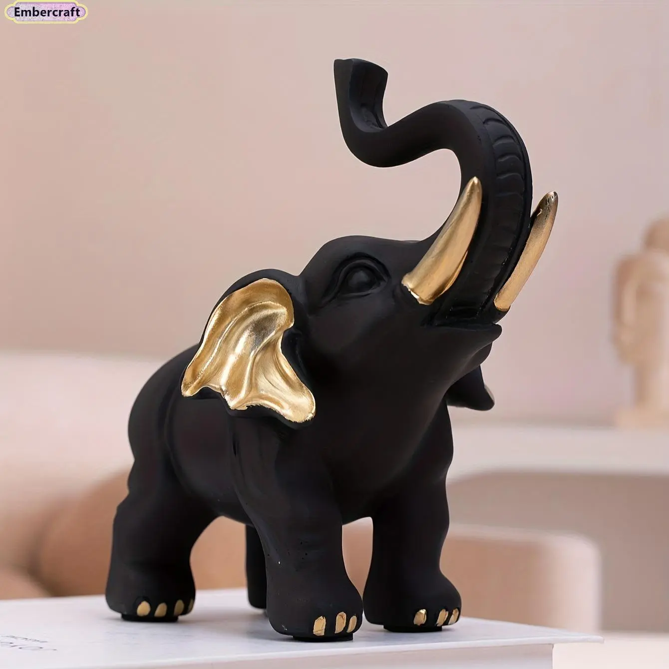 Traditional Resin Elephant Figurine - Black & Gold Finish Chinese Feng Shui Decor, Elephant Shape Figurines & Miniatures for Balance, Positive Energy, Luck & Protection, Housewarming Gift for Grandparents, Bedroom Decorating Desk Accent, Luck Mascot