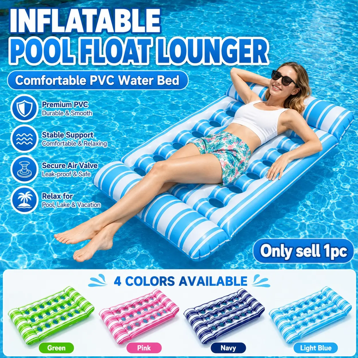 Inflatable PVC Pool Float Lounger for Adults, Striped Foldable Water Bed with Cooling Holes, Supportive Pillow and Stable Air Mattress Design, Lightweight Floating Lounge Chair for Swimming Pool, Beach, Lake, Resort, Backyard and Summer Travel