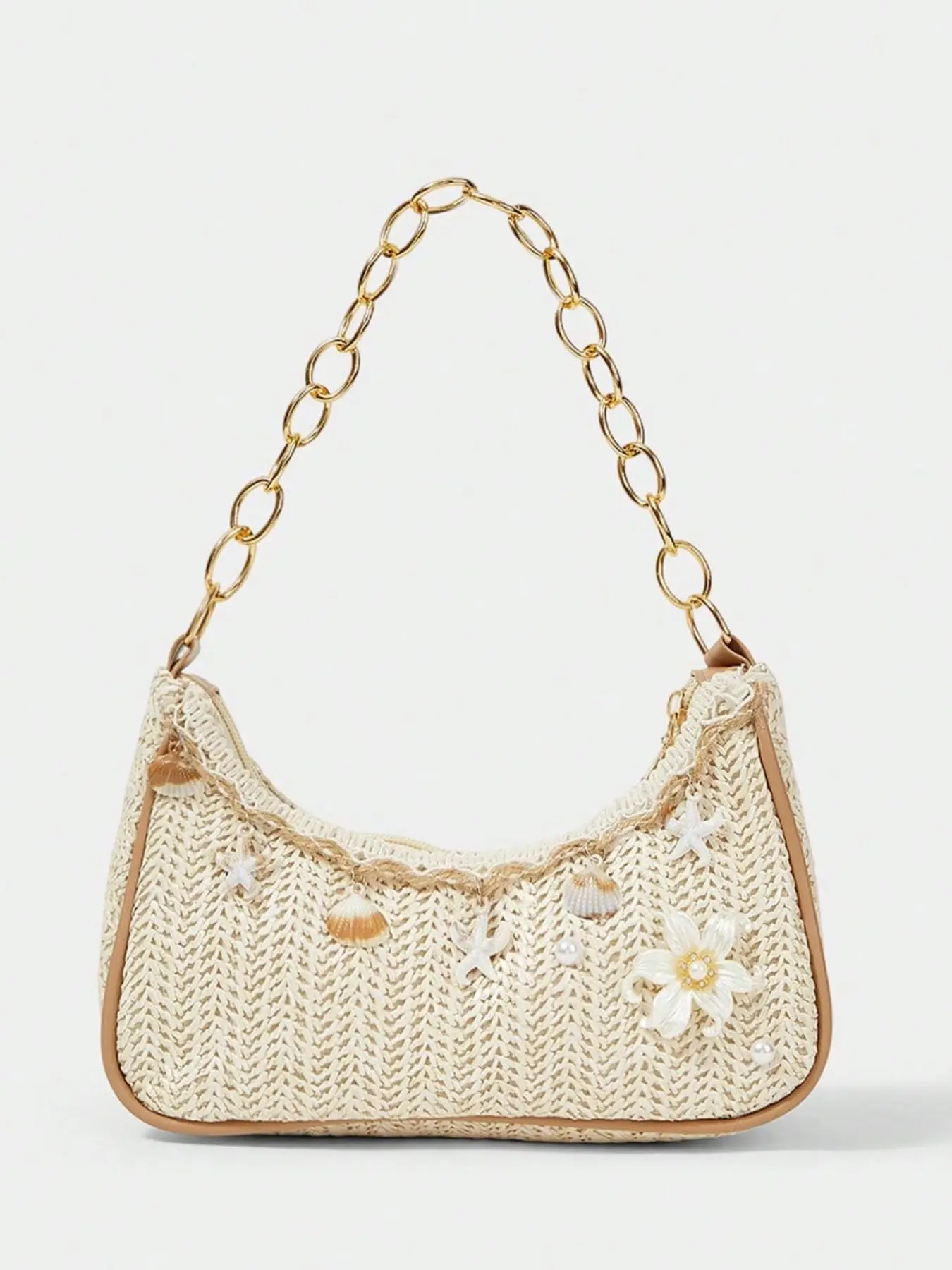 Flower Shell Chain Straw Underarm Bag, Boho Style Beach Vacation Shoulder Bag, Unique Atmosphere Beach Women's Bag, Bohemian Crossbody Purse