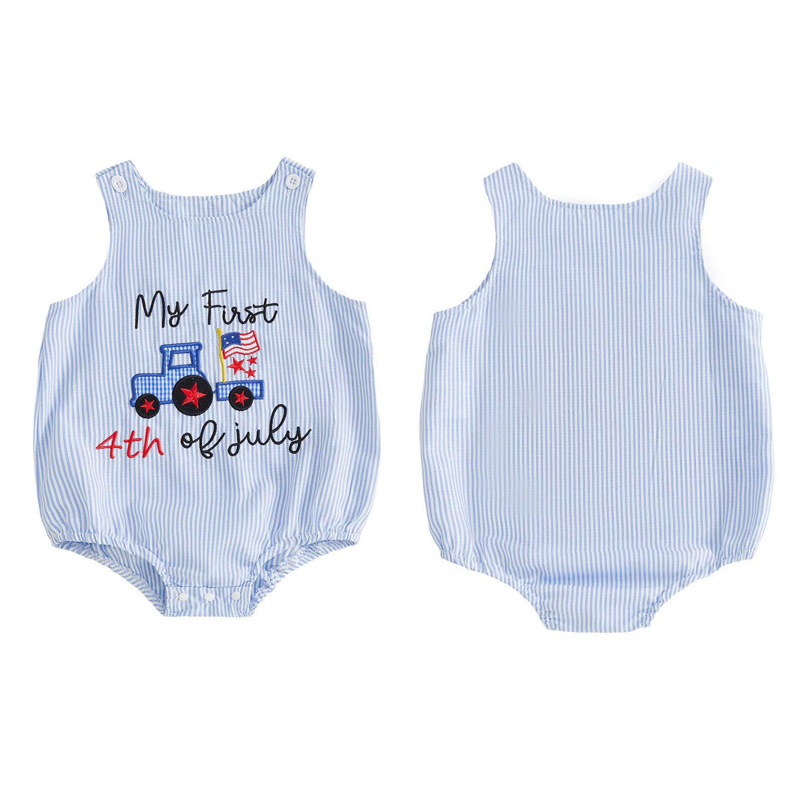 Baby Boy 4th of July Romper My First 4th of July Truck Flag Embroidery Striped Sleeveless Bodysuit Infant Newborn Patriotic Outfit