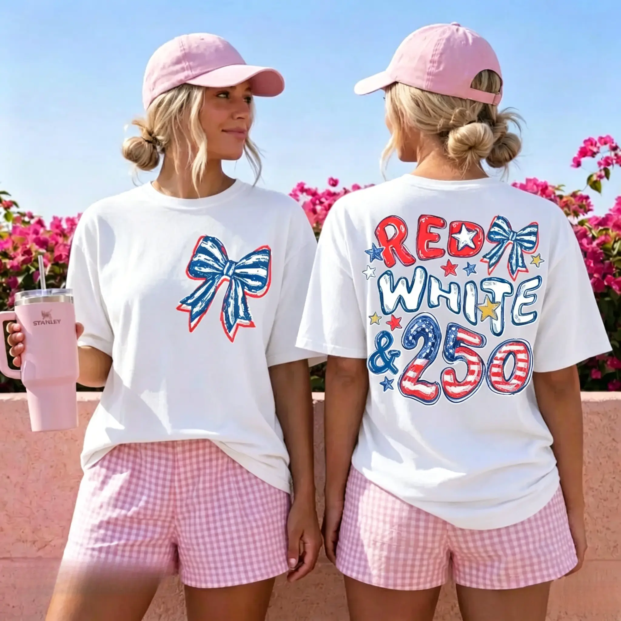 Smooth Seamless Solid Short-Sleeve Fabric Patriotic Bow Front & Back Print Shirt, America 250th Anniversary 4th of July Sports Top Outfit, Shortsleeve