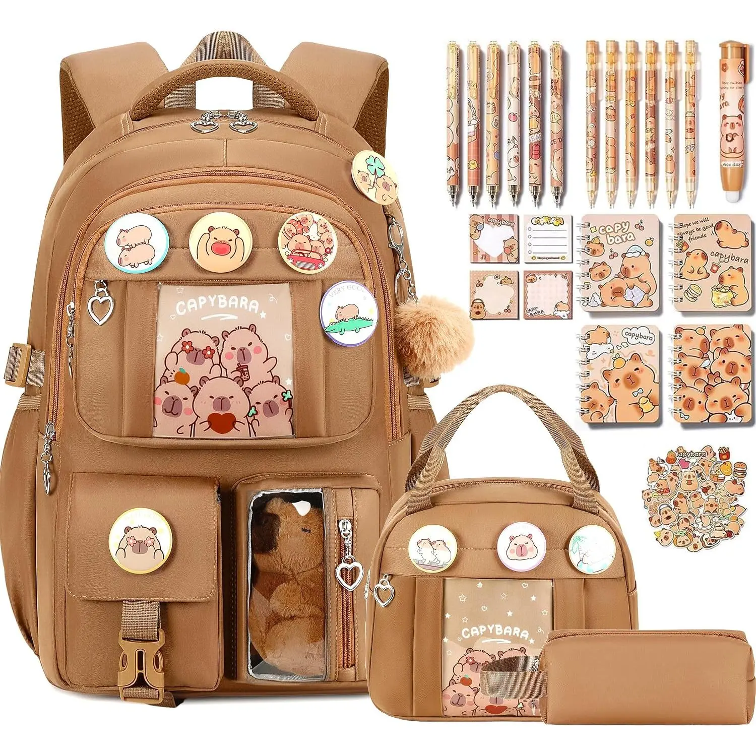 Capybara Backpack for Girls, 33 count Girls Backpack with Lunch Bag Pencil Case Pens Pencils Notebook, Kawaii Cartoon Bookbag for  Elementary Students  to School Supplies