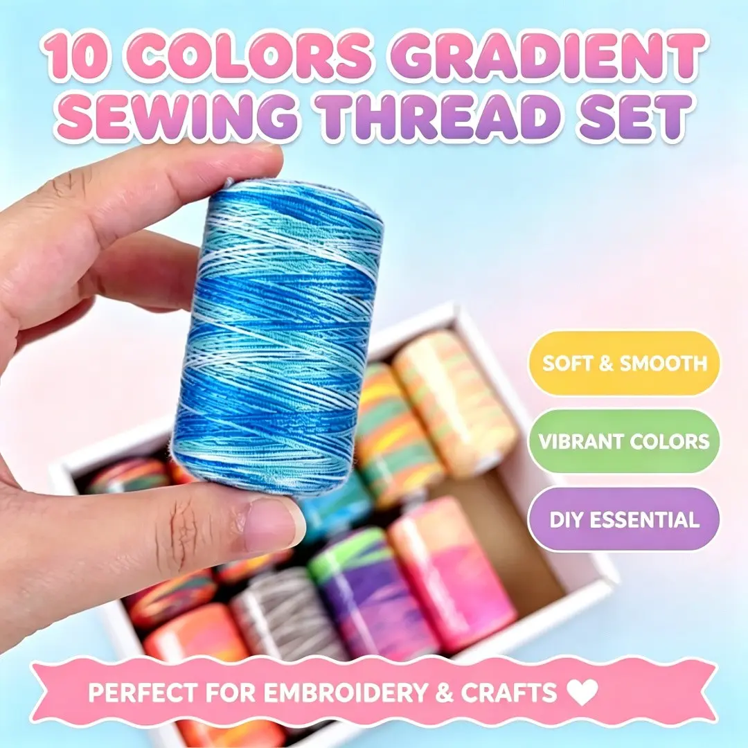 10 Color Gradient Sewing Thread Set, Dyed Rainbow Polyester Threads, Ideal for Embroidery, DIY Crafts, Hand Stitching Projects