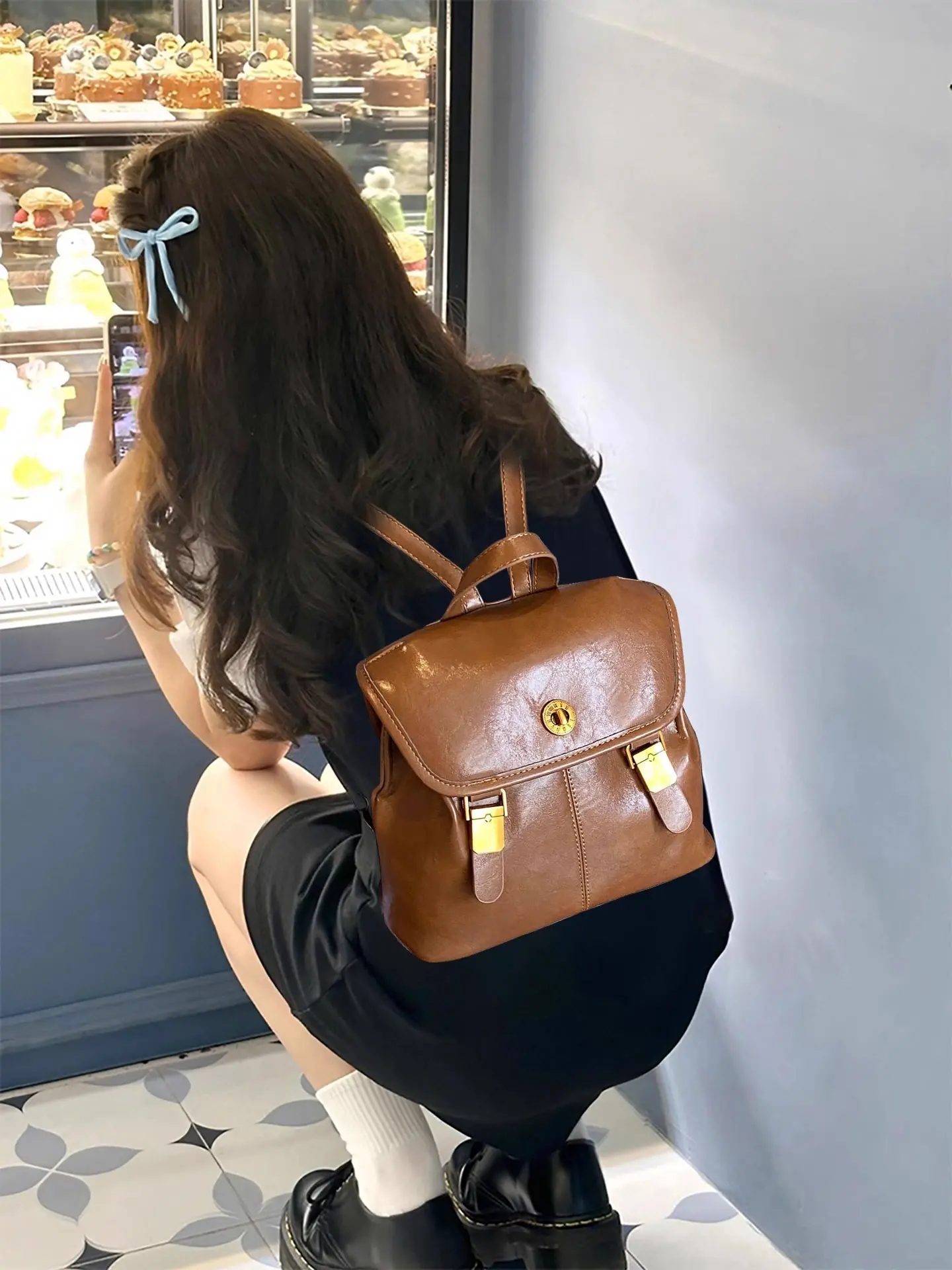 Women's Preppy Style Backpack, Vintage Soft Leather Small Bag, Simple Fashion Versatile, Ideal for Travel, Commute, Daily Use, School, Backpack Purse