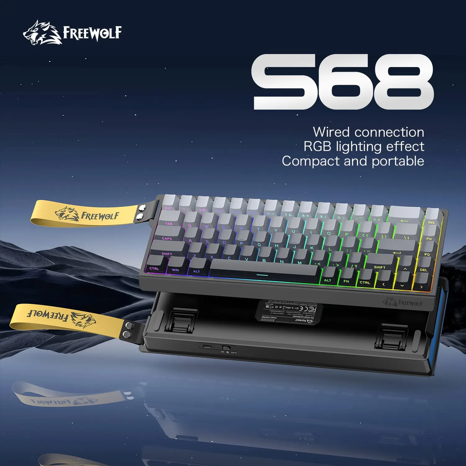 FREEWOLF S68 Wired Gaming Keyboard, Compact Layout, Equal-Height Side Keys, RGB Backlighting, Ideal for Esports and Gaming, PC Accessories Gaming