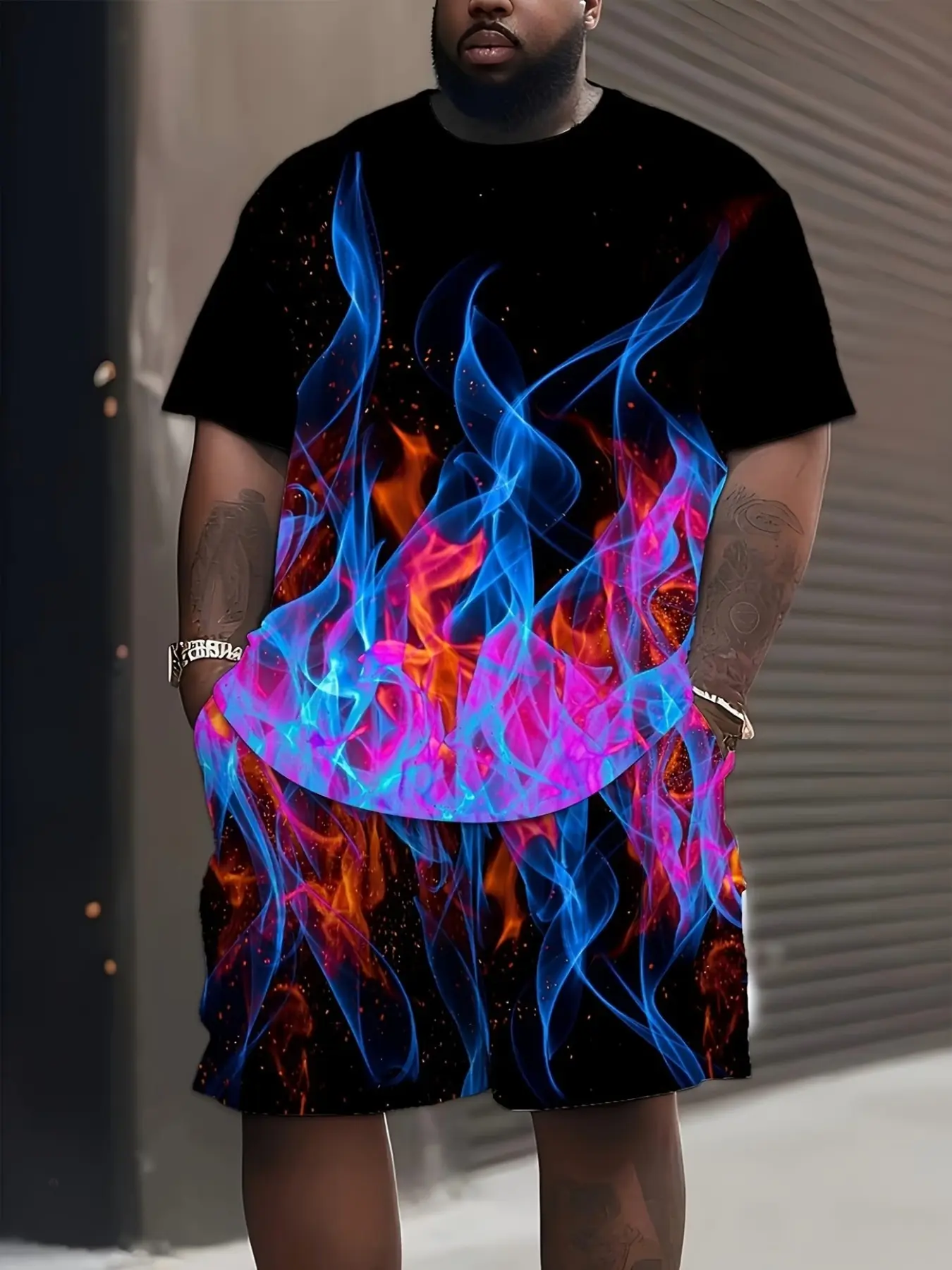 2-Piece Plus Size Men's Flame Print Casual Set, Trendy Street Style, Loose-Fitting, Short Sleeve, Natural Waist, All over Print, Streetwear, Menswear, Clothes