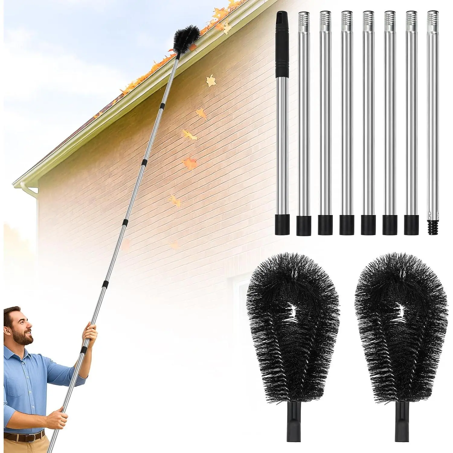 10.5FT Gutter Cleaning Brush with Adjustable Pole - No Ladder, Professional Long  Gutter Brush with Replaceable Brush for Removing Leaves and Trash from Roof Gutters