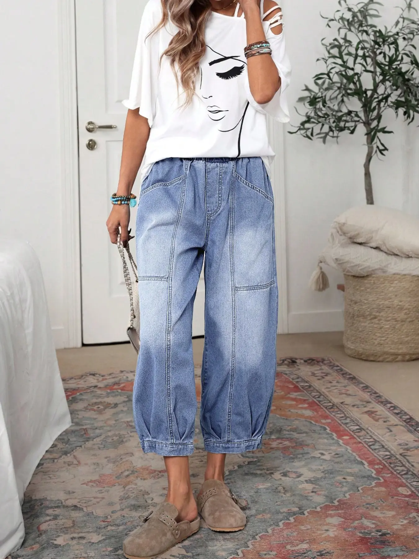 Lkuily Light Blue Elastic Waist Cuffed Cropped Harem Jeans Trouser, Seam Stitch Loose Fit, Daily Loungewear Travel Casual Denim Pants