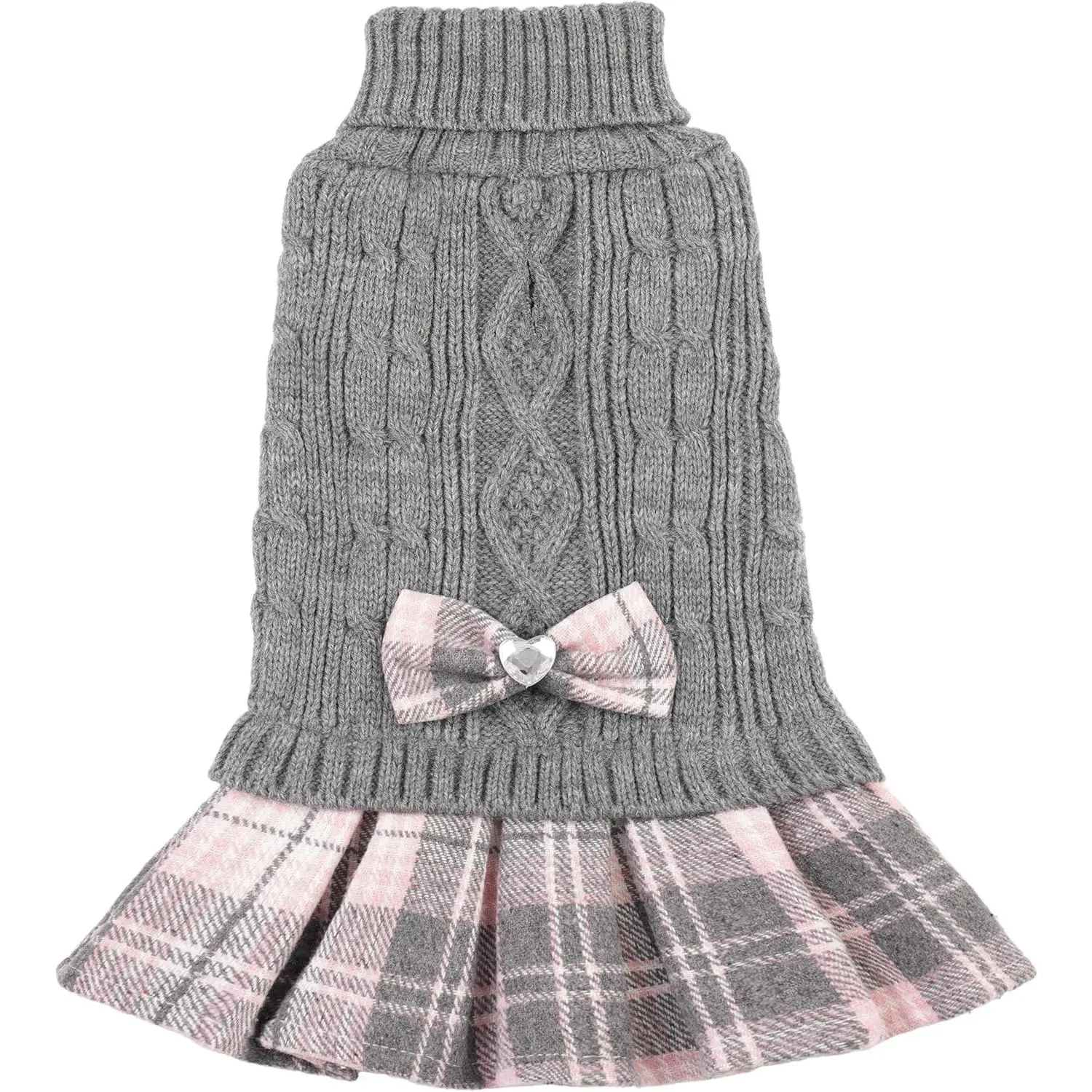 Dog Sweater Thick Warm Dogs Clothes with Plaid Skirt Soft Dog Sweaters for Small Dogs Girl Comfy Cat Outfits Pet Turtleneck Pullover Knitwear for Toy Poodle Mini Dachshunds (Grey, Small)