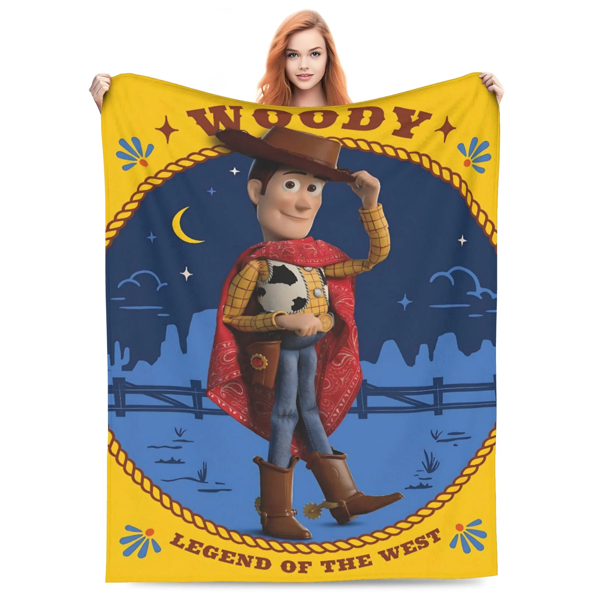 DISNEY CLASSIC Toy Story Woody Legend of The West Throw Blanket, Cowboy Woody Yellow Rope Frame Western Desert Moon Star Cartoon Print Flannel Fleece Blanket Soft Cozy Blanket for Sofa Bed Gift for Kids Toy Story Fans