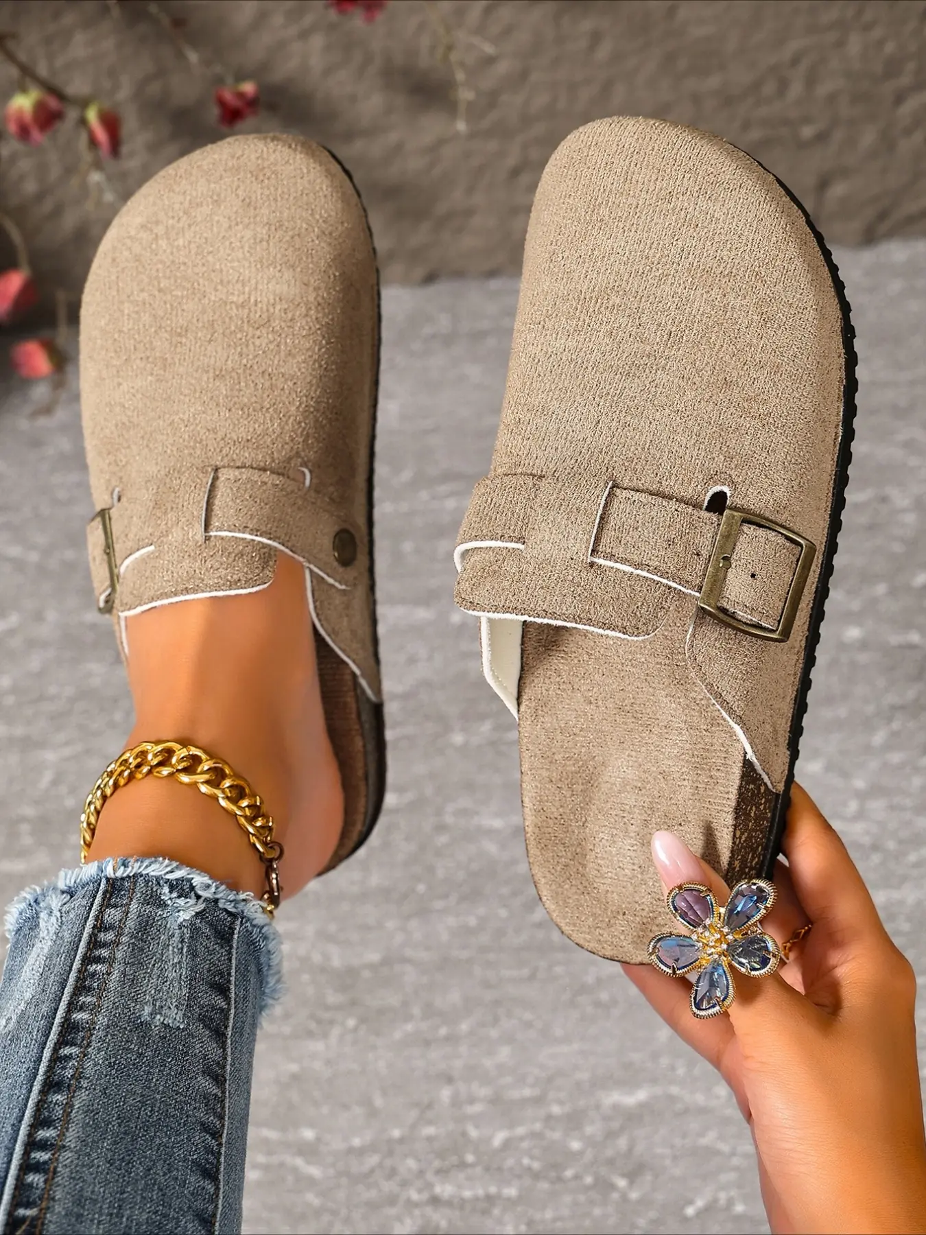 Closed toe birken Pu Leather mules with metal buckle, soft cork insole, three colors, lazy commuter slip-on casual women slide shoes