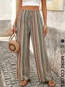 Elegant Bohemian Wide Leg Pants for Women, Romantic Elastic Waist Long Pants, Stylish Loose Fit Bottoms, Perfect for Casual Wear