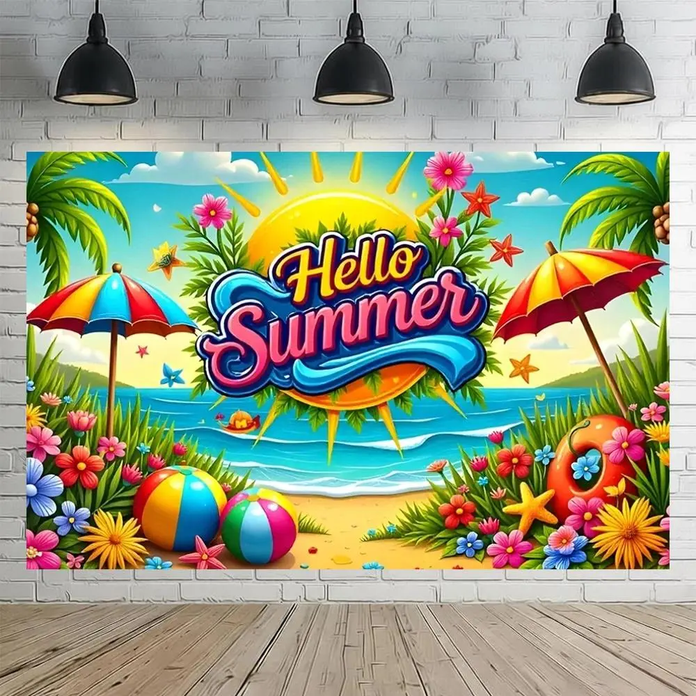 Summer Hawaii Tropical Beach Flamingo Birthday Party Backdrop Banner Polyester Photography Background Tapestry Holiday Decoration Photo Booth Wall Decor Indoor Outdoor Supplies