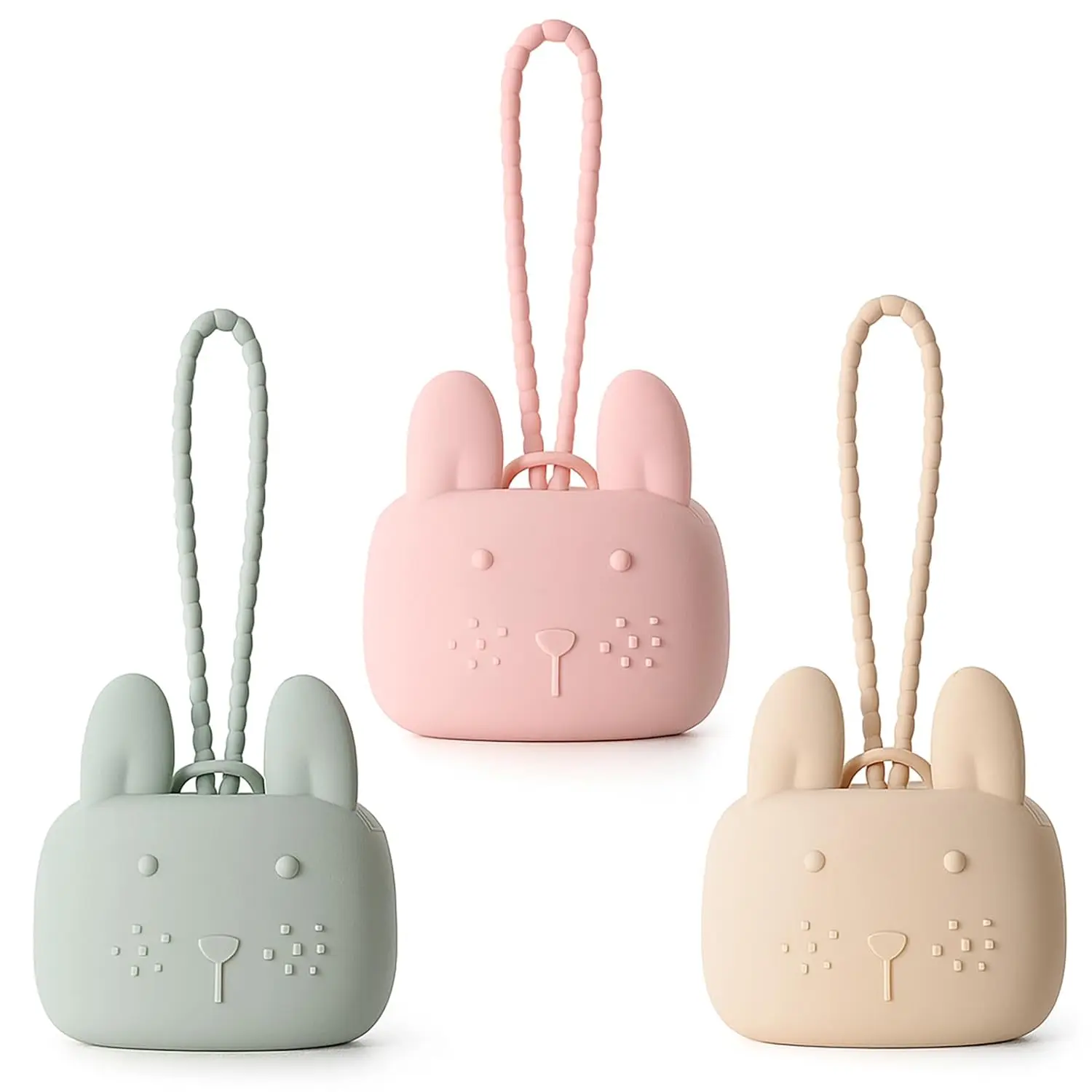 Unisex Baby Silicone Bunny Shape Pacifier Holder Case Set of 3 (Beige, Dusty Green, Pink) - Prop 65 Safe Travel Pouches with Soft Silicone Strap for Stroller & Diaper Bag