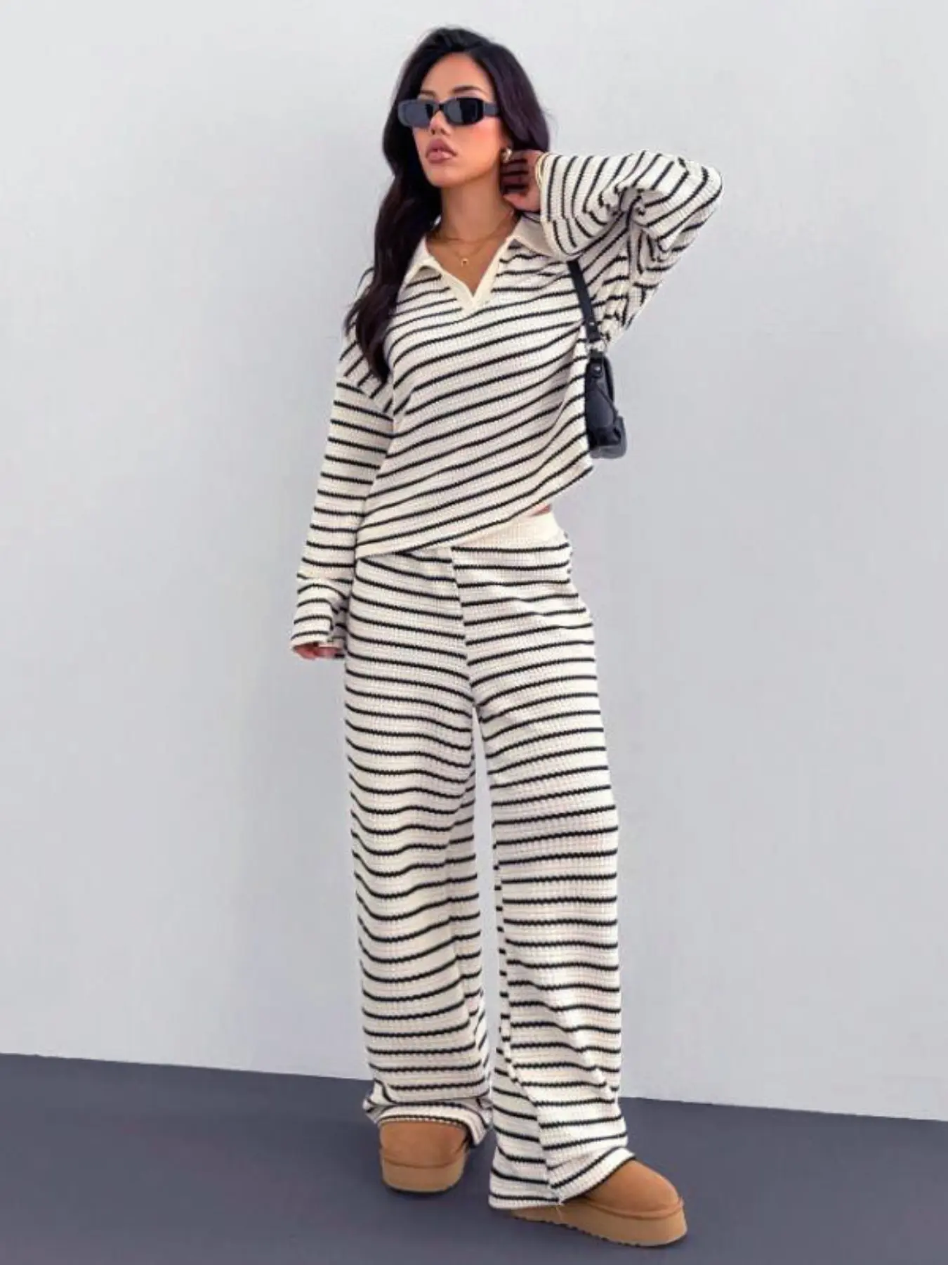 Women's 2pcs Set Black And White Checkered V-Neck Long Sleeve T-Shirt Elastic Waist Pants Autumn Casual Coastal Lounge Winter Sweater Suit Vacation
