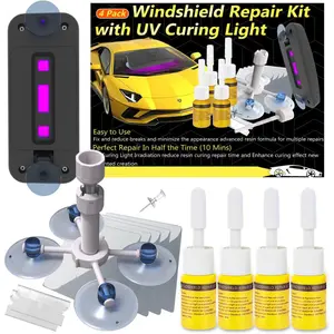 Windshield Repair Kit, Windshield Crack Repair Kit 4 Pack, Windscreen Repair Kit with Enhanced Injection Head Suction Cup UV Curing Light, Windshield Chip Repair Kit for Chips, Scratches, Cracks