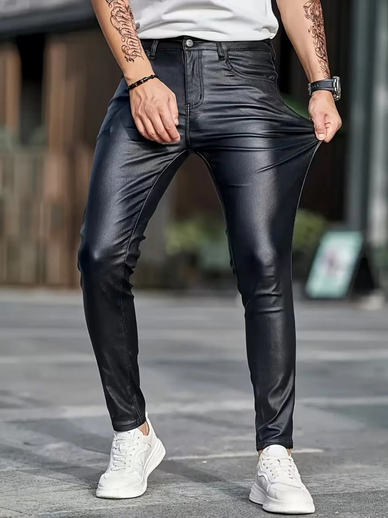 Men's Black Faux Leather Slim Fit Pants, Fashionable and Unique, Easily Create a Trendy Look!