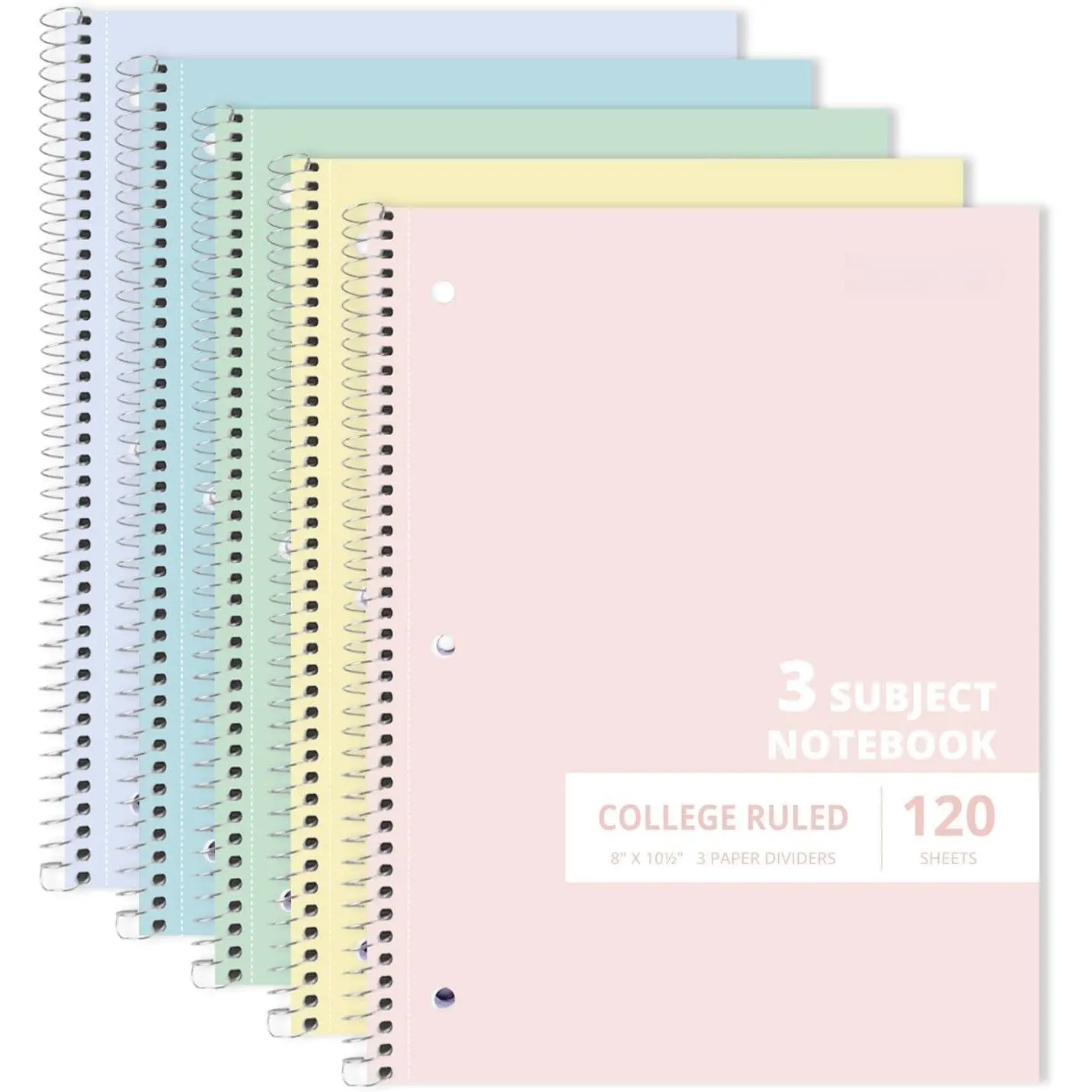 3 Subject Spiral Notebook College Ruled 5 Pack, 240 Pages,  | 120 Sheets, 8 x 10.5 in, 3 Dividers, Double-Sided Pockets, School Notebook, Study, Homework, Students