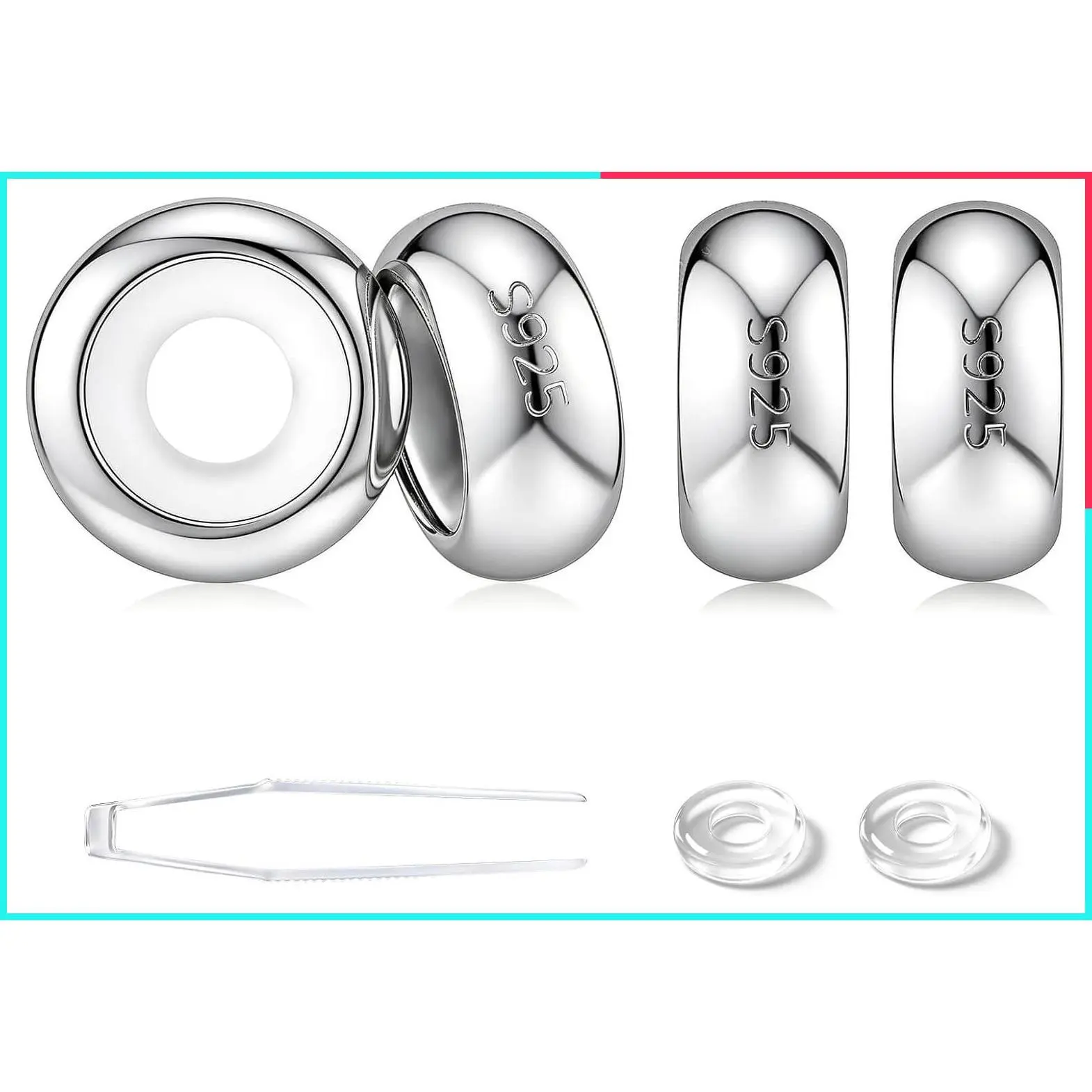 Stoppers Charms for Bracelets 3mm 925 Sterling Silver for Women, Spacers for 3mm 4mm Round Bracelet with Rubber, 925 Stopper Beads, Polishing Cloth Velvet Bag for Jewelry Making