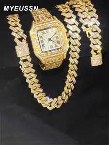 Cuban Gold Bracelet Watch, Men's, Hip Hop Miami Walkway, Crystal Laying, Bright Rap Singer Necklace, Watch+Jewelry Strap