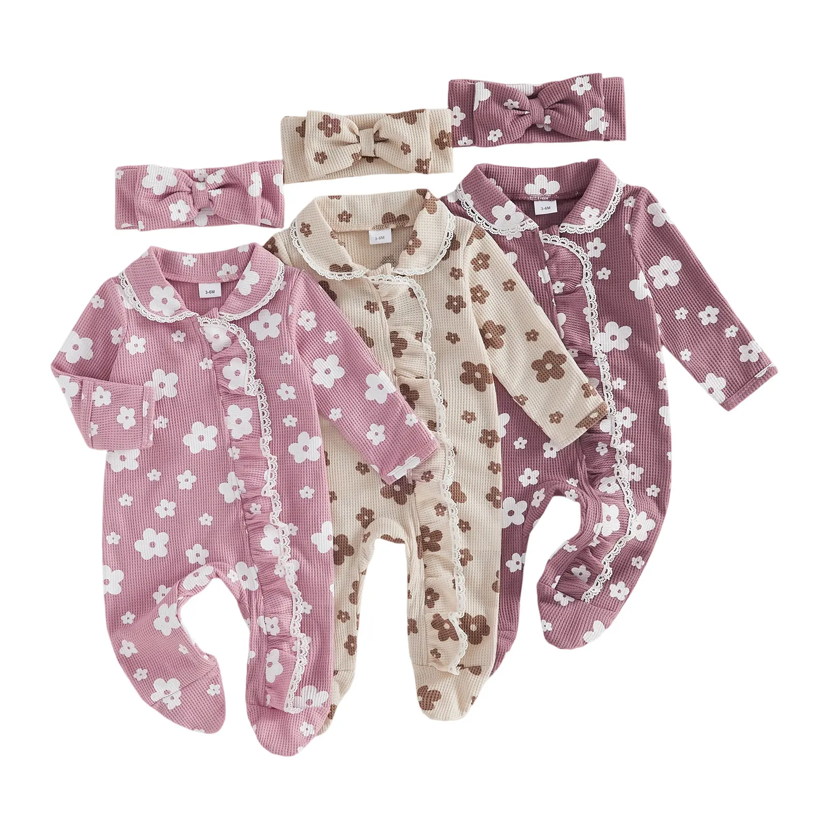 Newborn Baby Girls Outfit Long Sleeve Floral Zipped Footies Jumpsuit and Headband Fall Preemie Clothes 0-6 Months