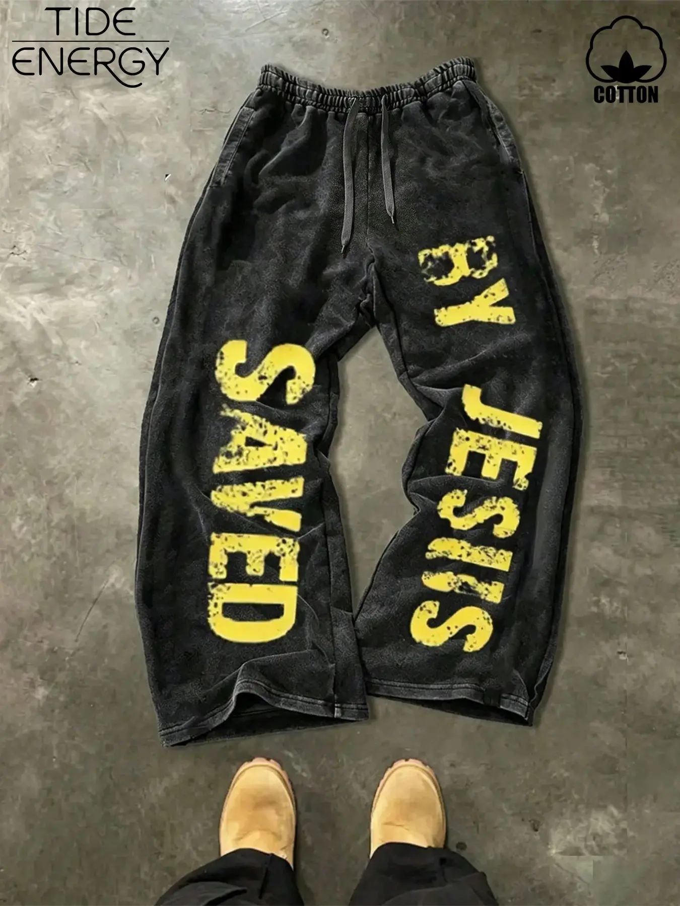 Y2K Vintage Faith Print Wide Leg Sweatpants, Wrinkle-Resistant Fleece Fabric, Loose Straight Long Pants, Casual Summer Campus Wear, Streetwear, All Purpose Pants