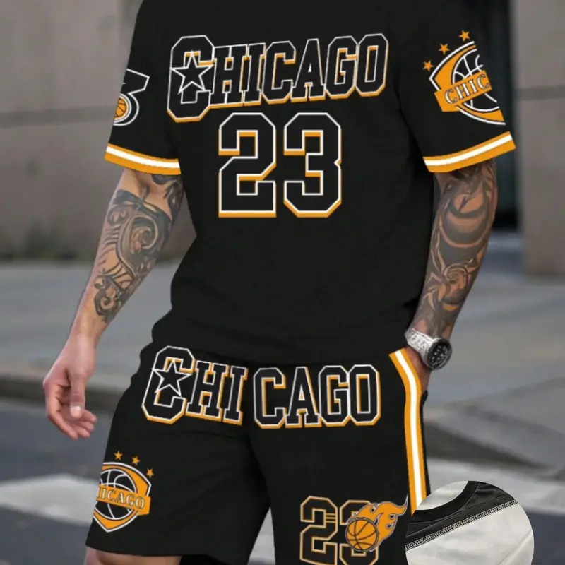 Men's Street-Style College Basketball Jersey Set, Chicago Fire 23 3D Print Two-Piece Shirt and Shorts Set, Casual Fitted All-Over Print Sportswear Sports Sets