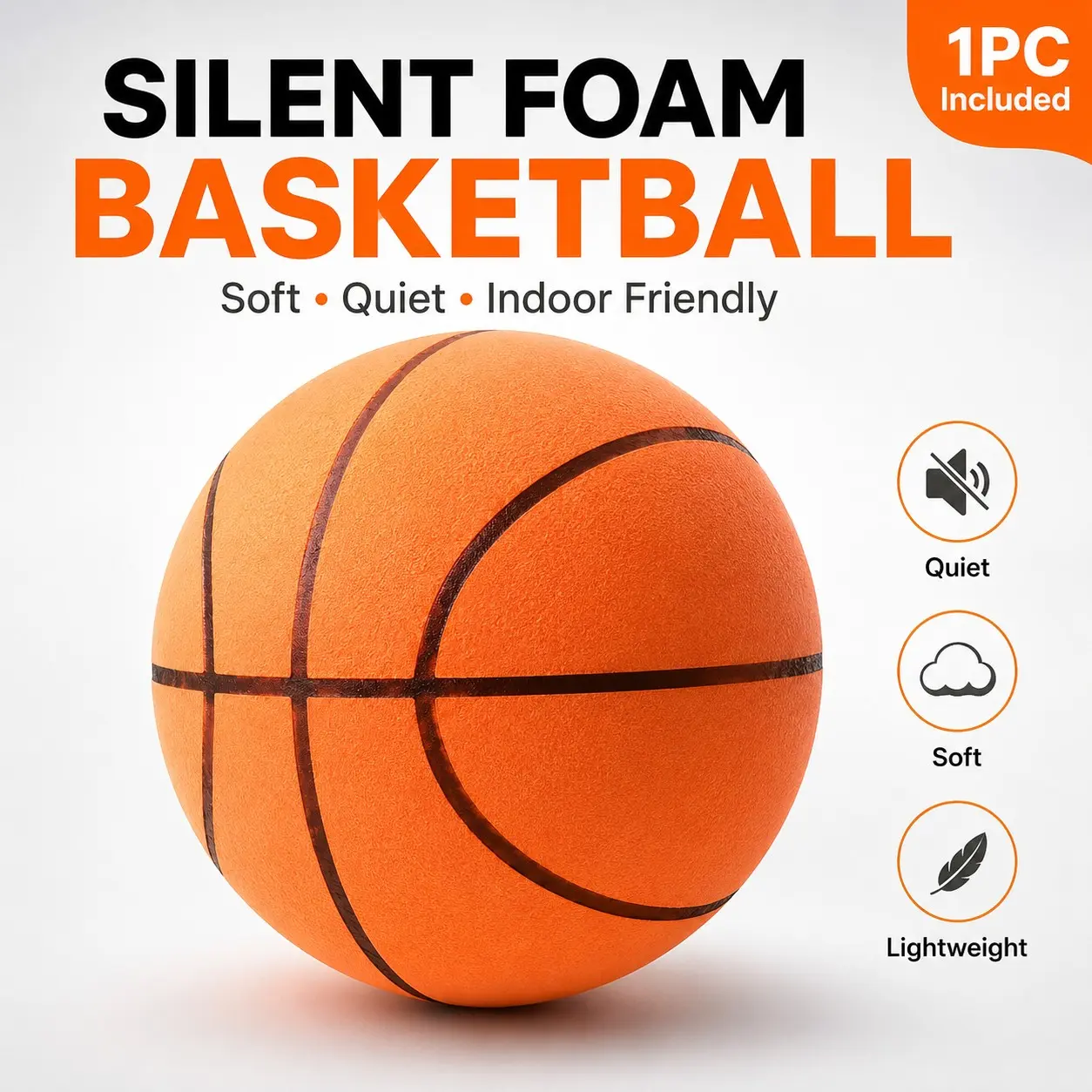 Soft Foam Basketball for Indoor Play, Quiet Basketball Training Ball, Lightweight No-Air Sports Ball for Home, Dorm, Office & Family Fun, Quiet Practice Ball