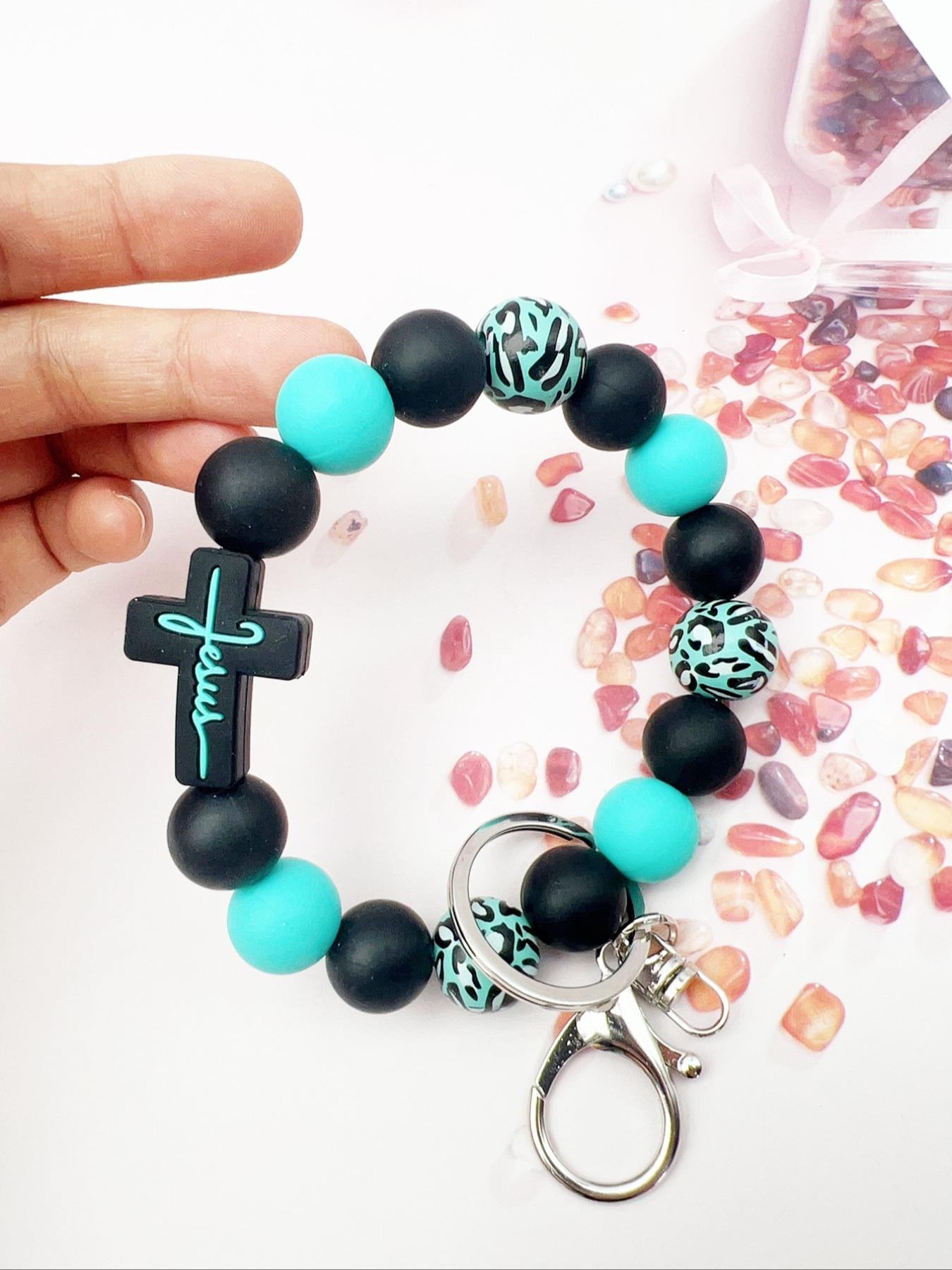 Leopard Wood Beads Cute Charms Keychain, Multi-colored Silicone Beads, Crossover Letters Bag Pendant, Car Key Pendant, Gift for Friends