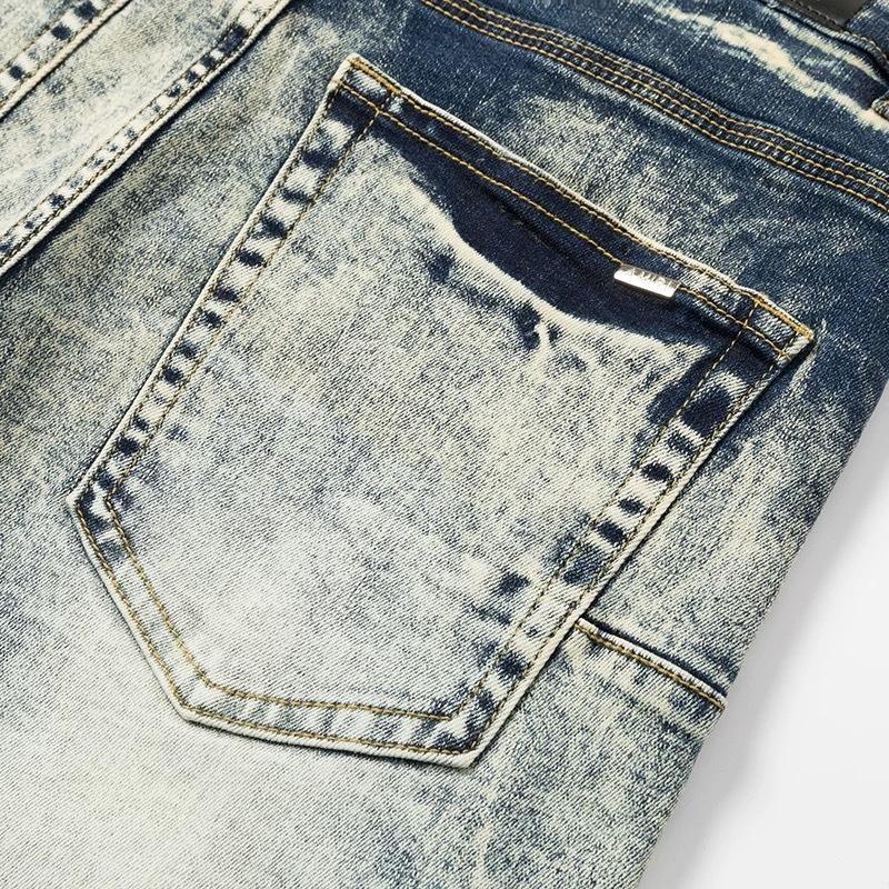 YYK Brand: Street-Style Distressed, Skinny-Fit Stretch Jeans-Featuring Patches, Embroidery, and a Vintage Denim Aesthetic-Showcasing Casual and Fitness-Inspired Styling