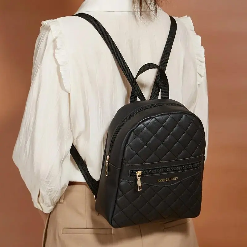 Stylish Women White Quilted Mini Casual Backpack, Rhombus Stitched Shoulder Bag with Gold Hardware, Versatile for Work Occasions