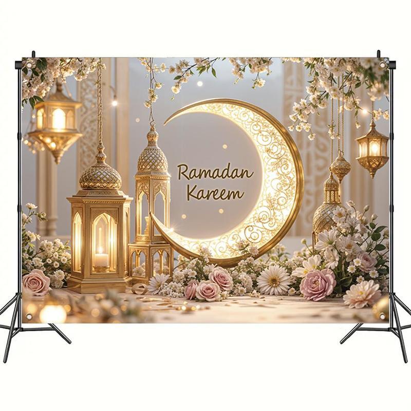 Ramadan Theme Backdrop, 1 Count Elegant Moon & Lantern Pattern Backdrop, Wall Decor for Home Living Room Bedroom, Party Decoration Supplies, Ornaments, Flowers