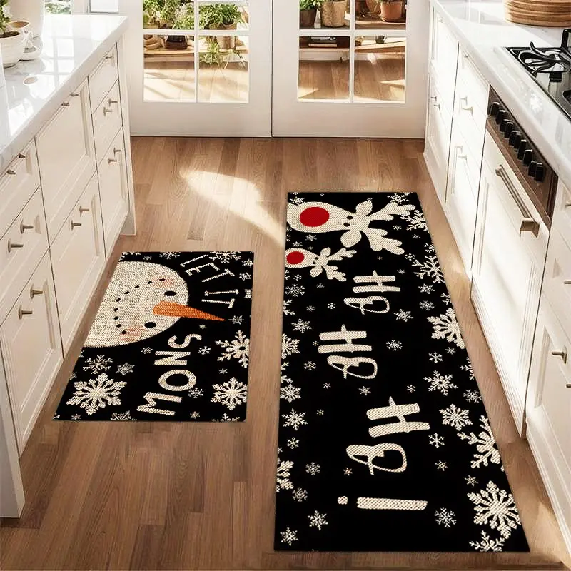 2pcs Christmas Eve Background Reindeer Snowman Rug Set, Farmhouse Kitchen Carpet, Dining Room Floor Mat, Laundry Room Decor