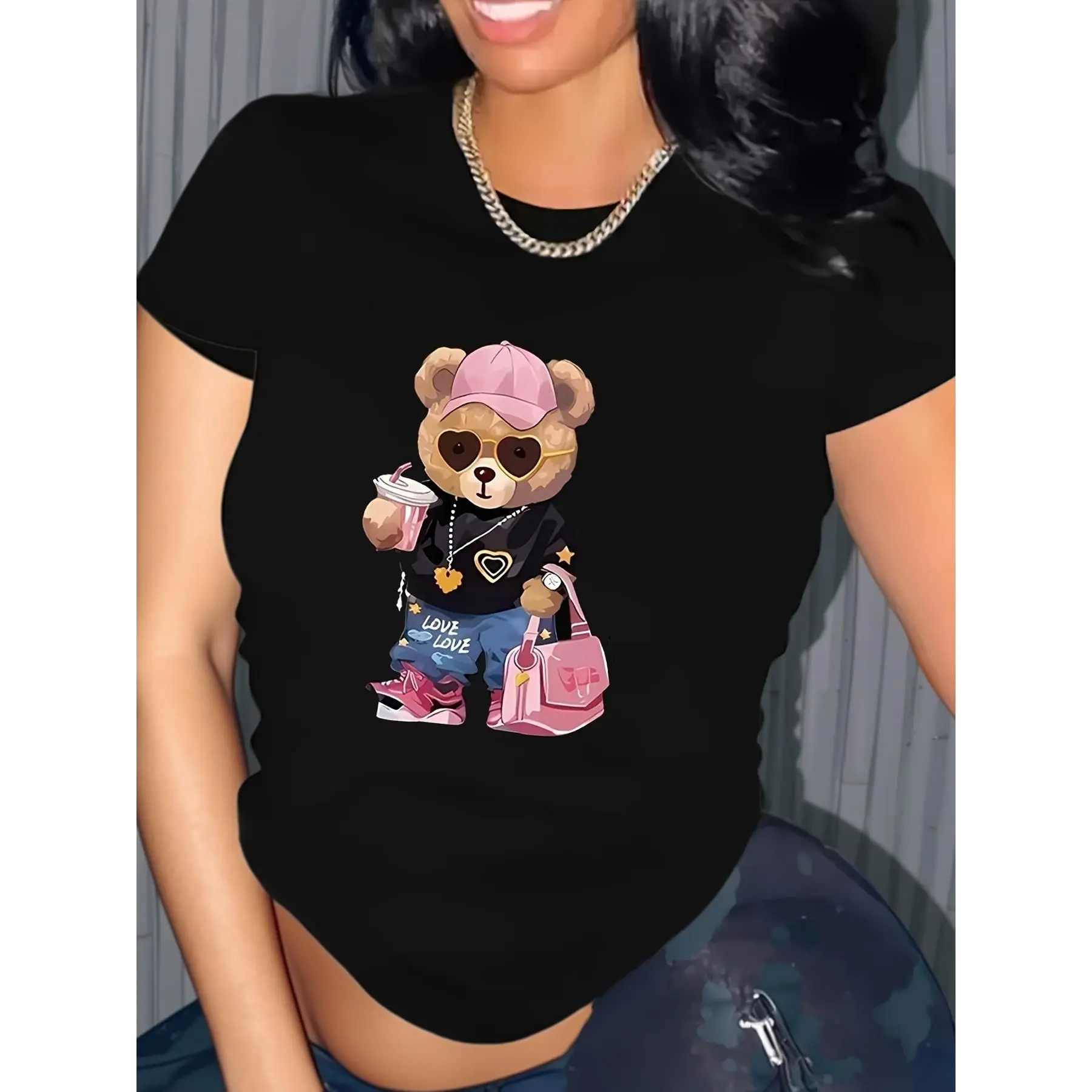 Women's Black Crew Neck Casual Short-Sleeve T-Shirt, Regular Fit, Chic Alphabet Graphic Design, Alphabet Print, 100% Cotton, Letters, Machine Wash, Do Not Dry Clean, Plus Size
