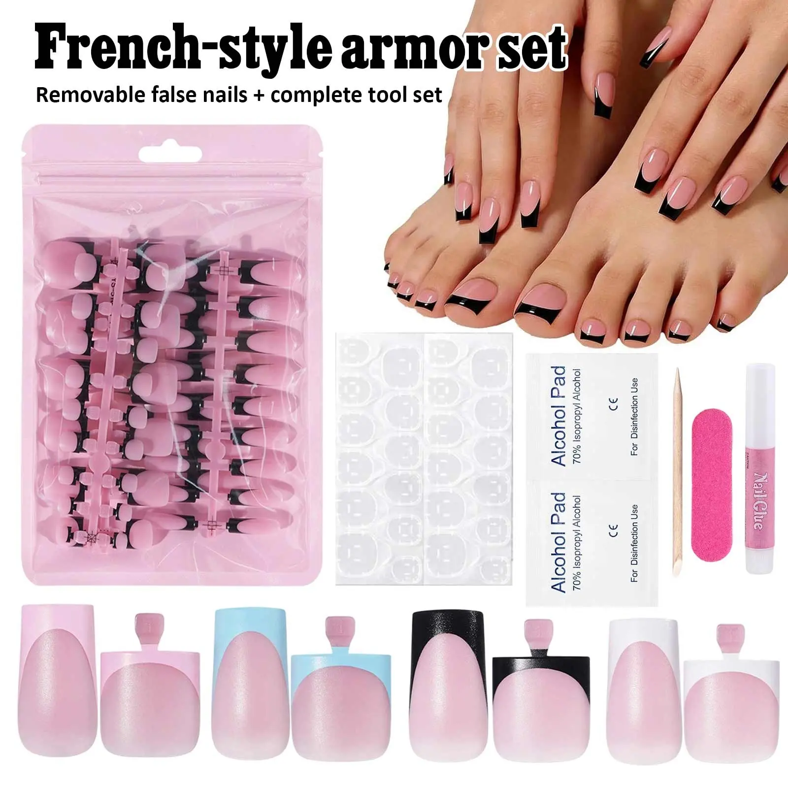 6pcs/set Pink, Blue, Black, White Square French Short Press-On Nails, Glossy Surface, Full Coverage Removable Fake Nails, with Complete Nail Tools Glue Tabs Alcohol Pads Nail File Cuticle Stick