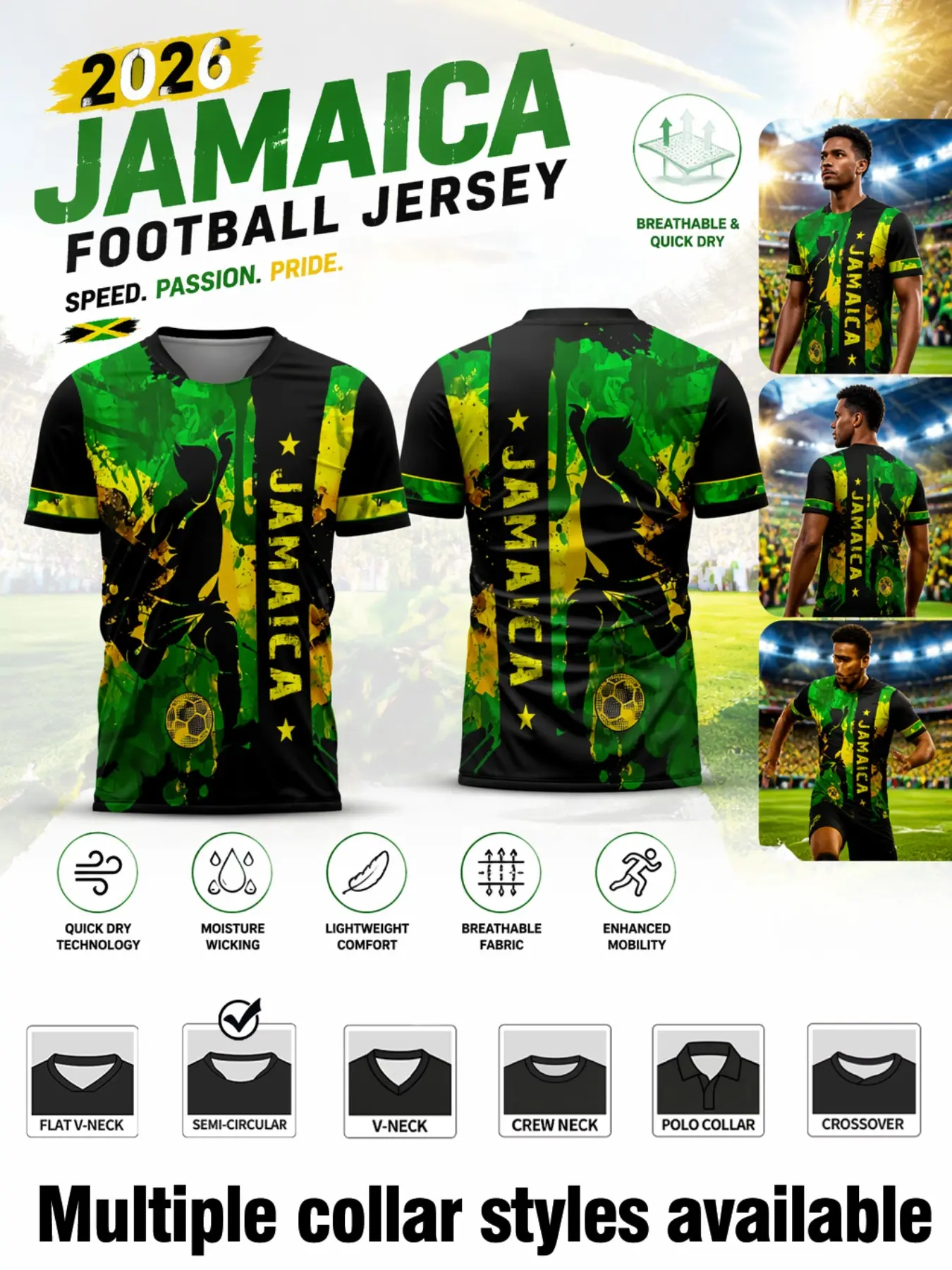 Jamaica Soccer Jersey, Splatter Background with Player Silhouette Print, Quick-Dry Breathable Fabric, Multiple Neck Styles Available