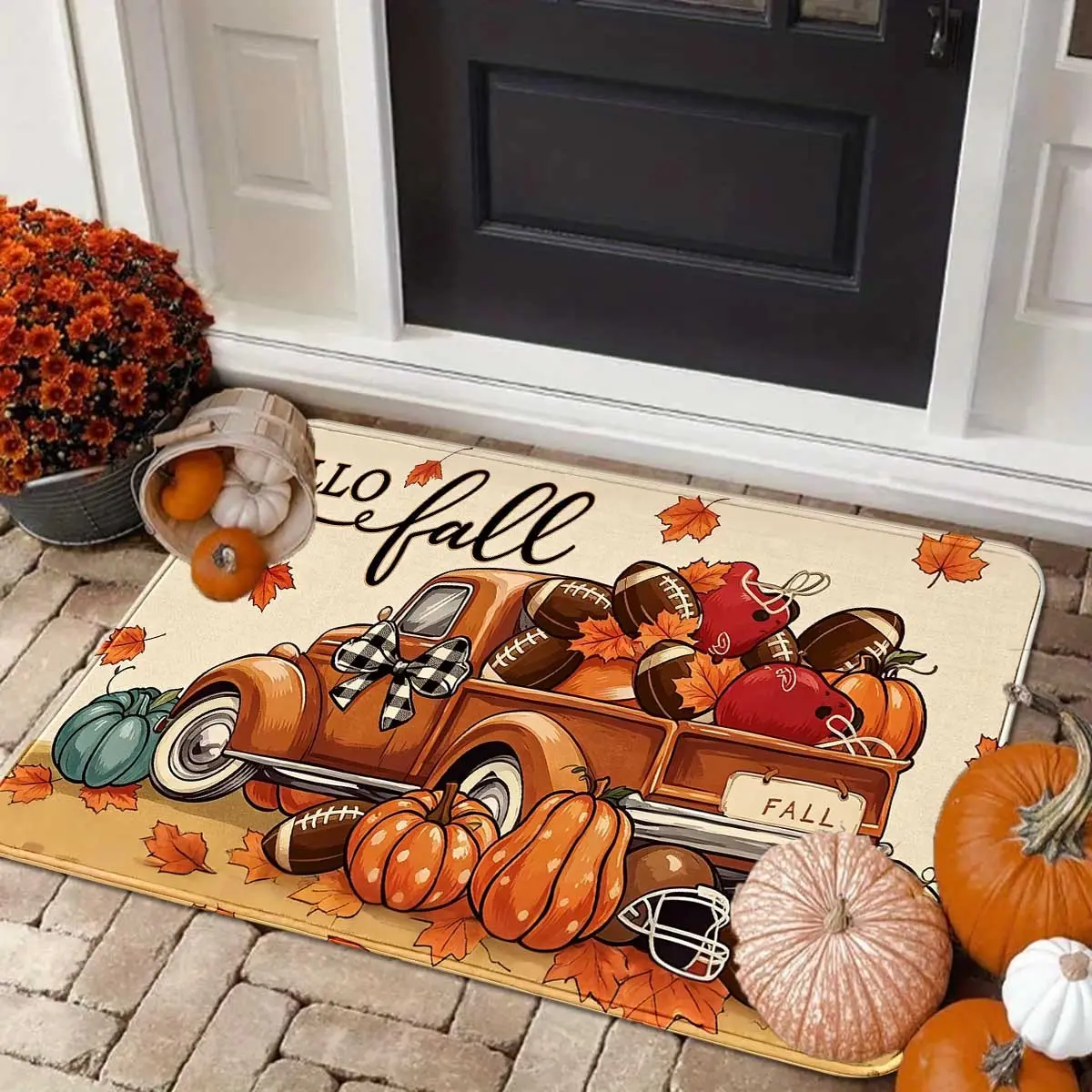 1pc Autumn Pumpkin Truck Entryway Mat, Thanksgiving Welcome Doormat, Non-Slip Durable Easy Care, Farmhouse Harvest Porch Rug, Festive Fall Gift