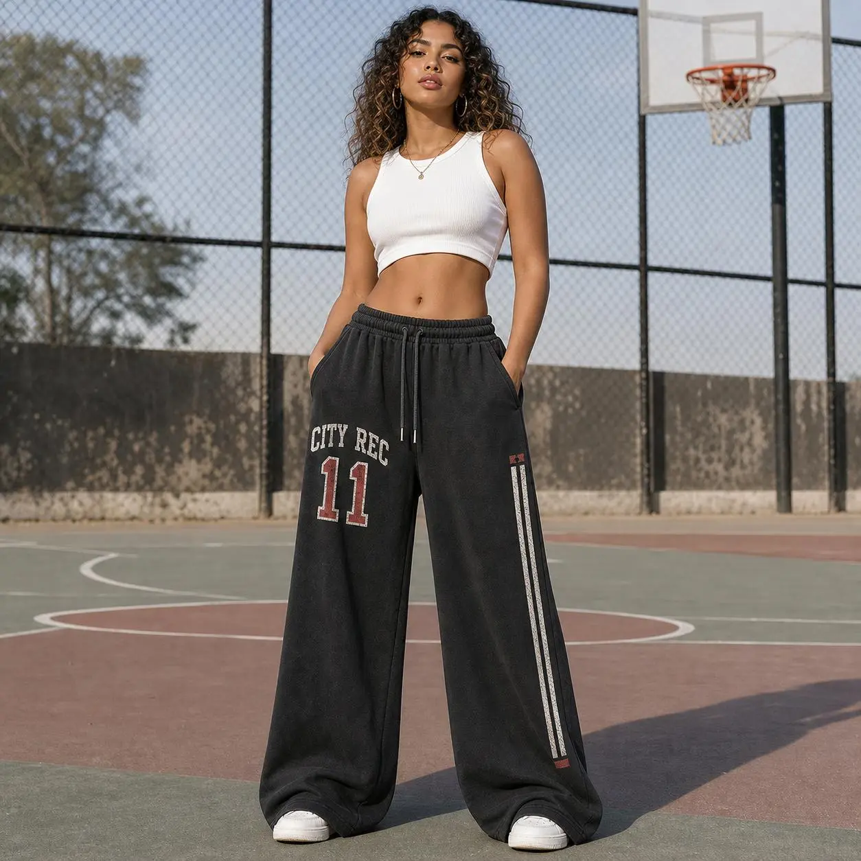 Women’s Plus Size Oversized Wide Leg Sweatpants - Elastic Drawstring Waist, Side Pockets, Varsity Number Graphic, Striped Detail, Plain Soft Baggy Lounge Track Pants for All Seasons, Campus, Athleisure
