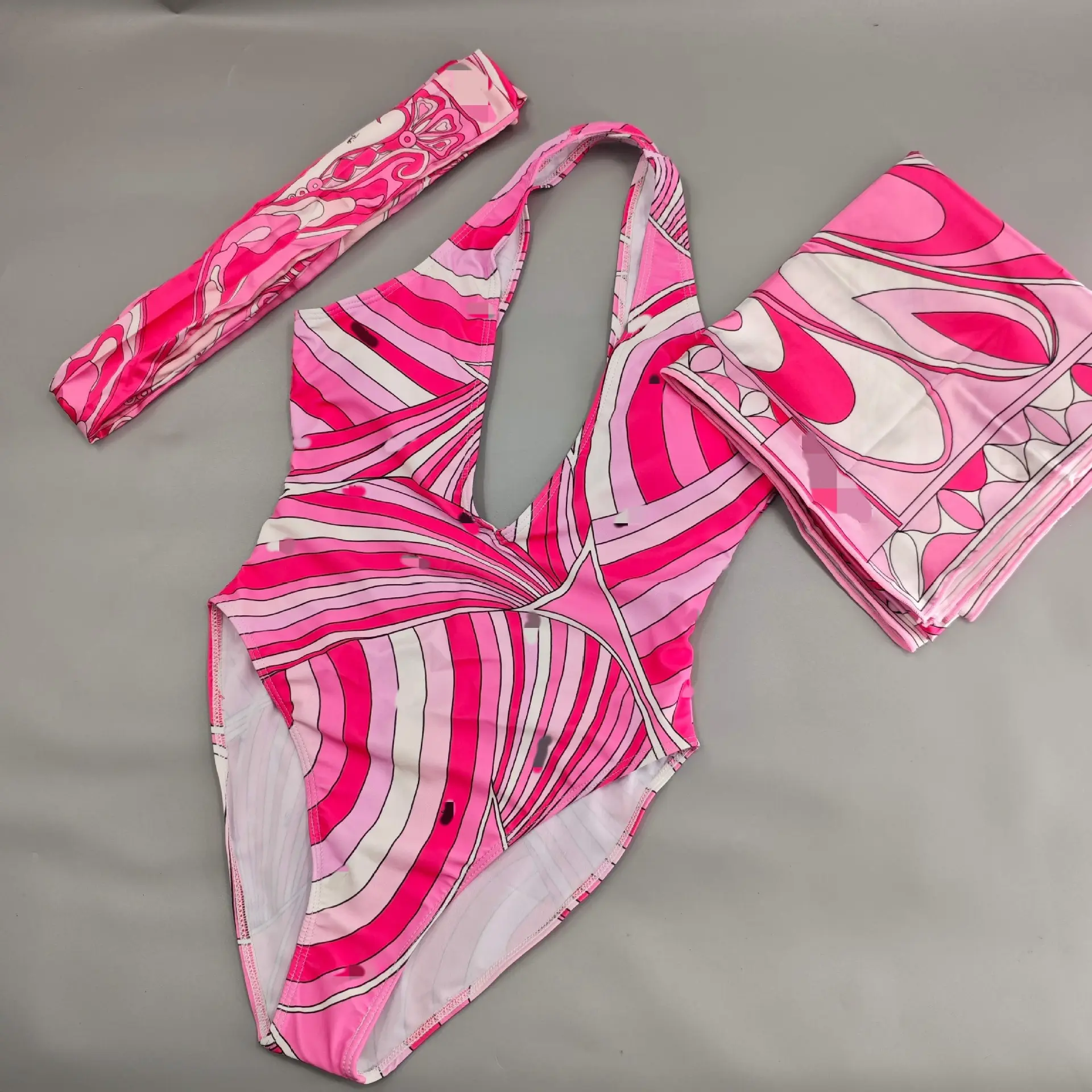 Striped bikini with belly-covering scarf, women's three-piece swimsuit for seaside vacation