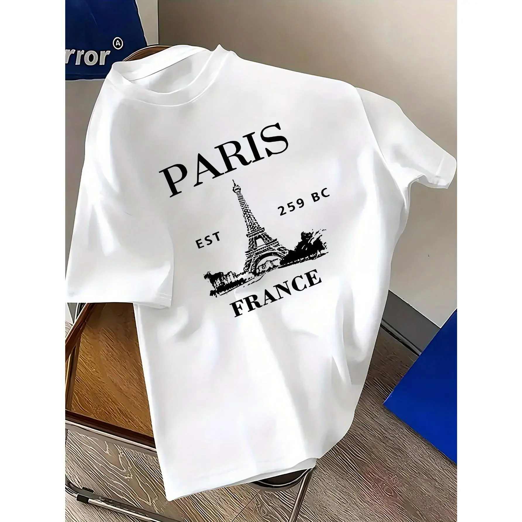 Menswear 100% Pure Cotton Unisex Classic Loose Round Neck Short-Sleeve T-Shirt - Paris Pattern Cloth, Casual Streetwear Tops, Multi-Function All Seasons Practical Garment